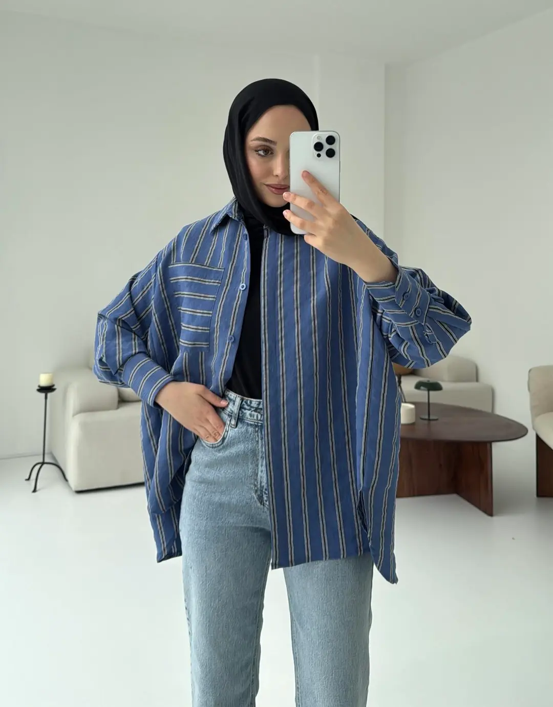 Çizgili Tek Cep Oversize Gömlek Lacivert