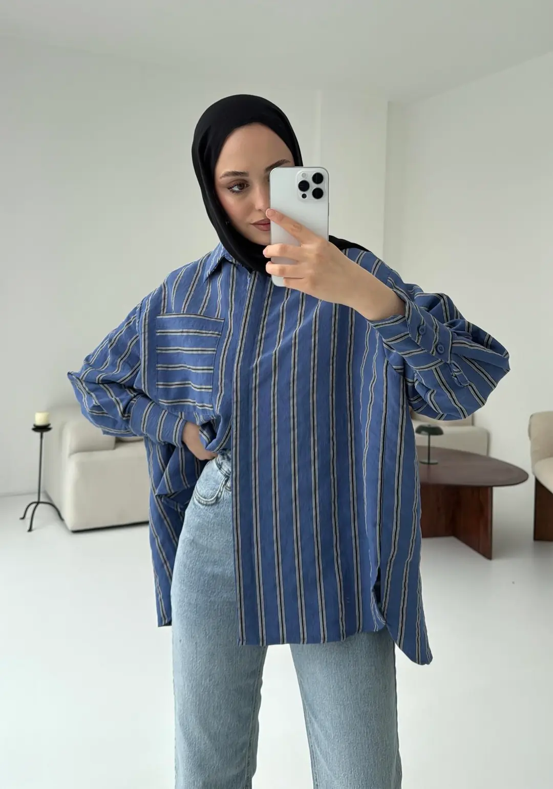 Çizgili Tek Cep Oversize Gömlek Lacivert