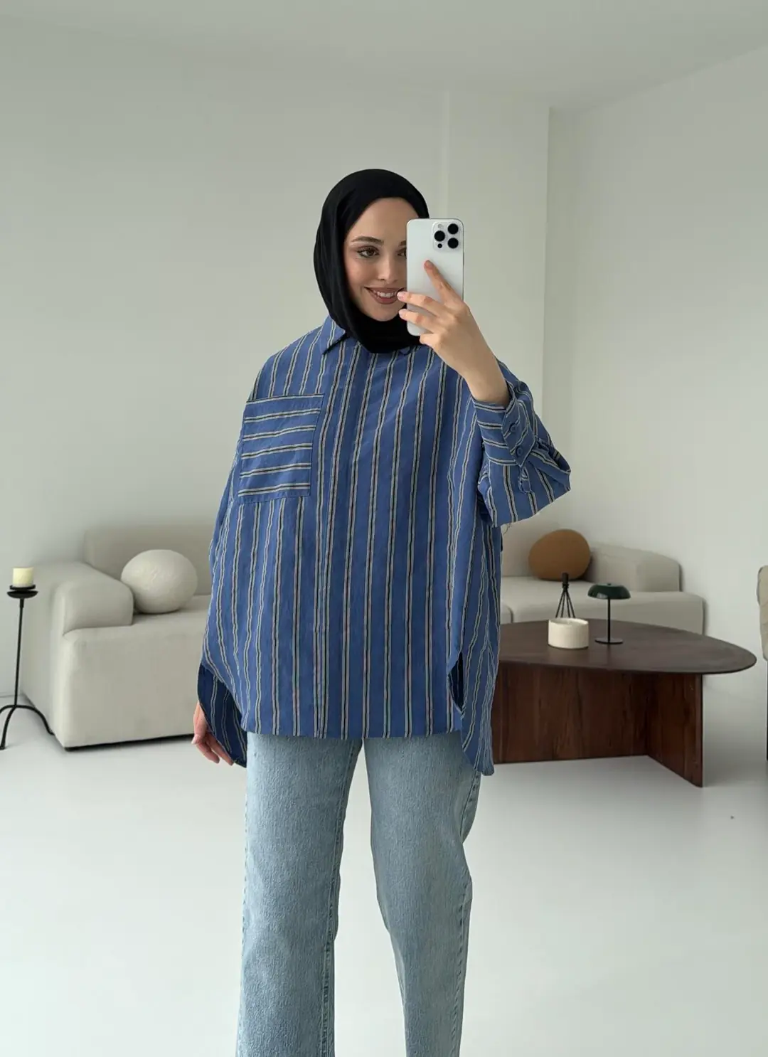 Çizgili Tek Cep Oversize Gömlek Lacivert
