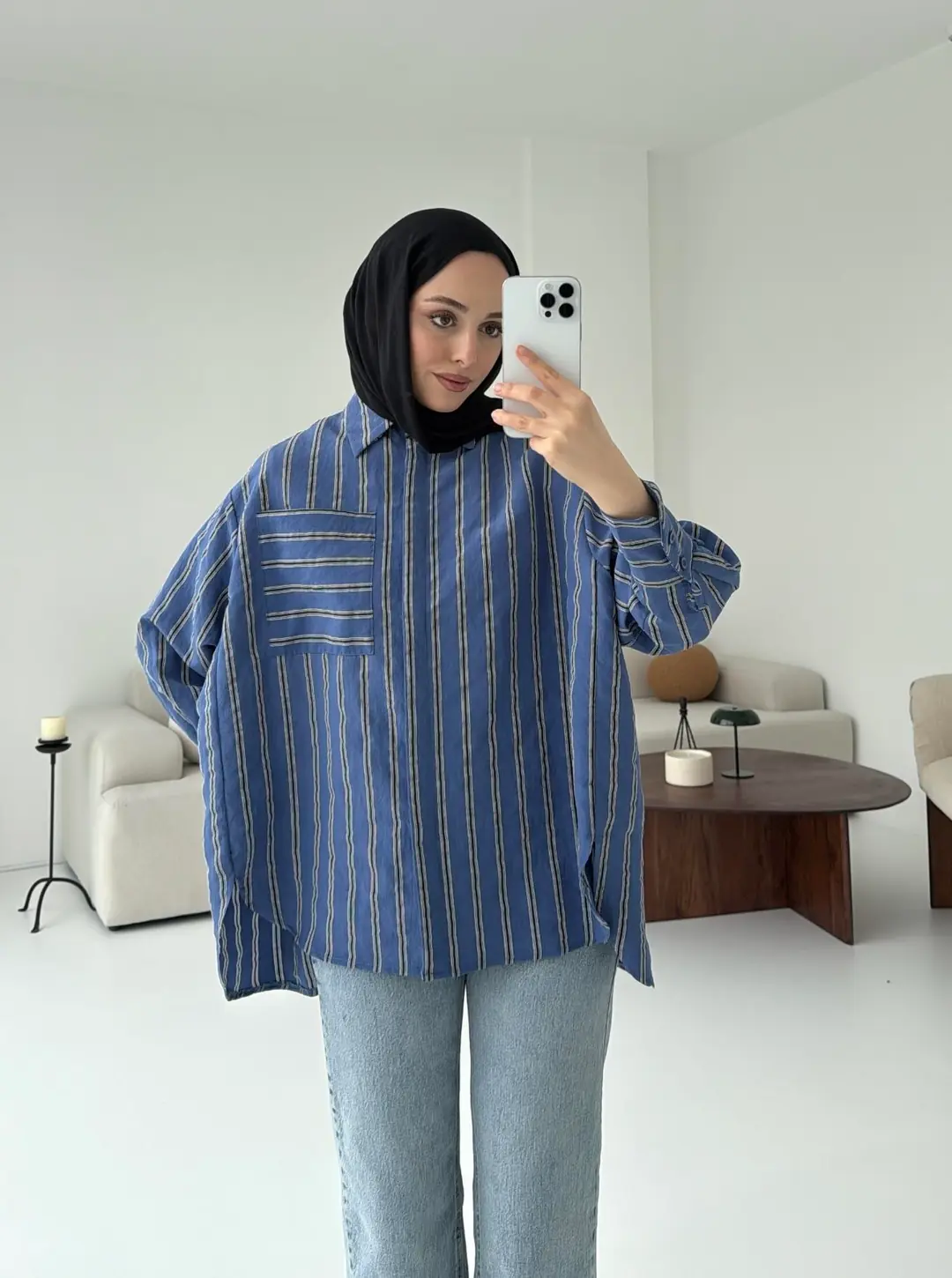 Çizgili Tek Cep Oversize Gömlek Lacivert