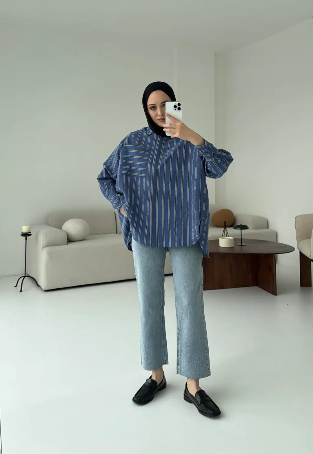 Çizgili Tek Cep Oversize Gömlek Lacivert