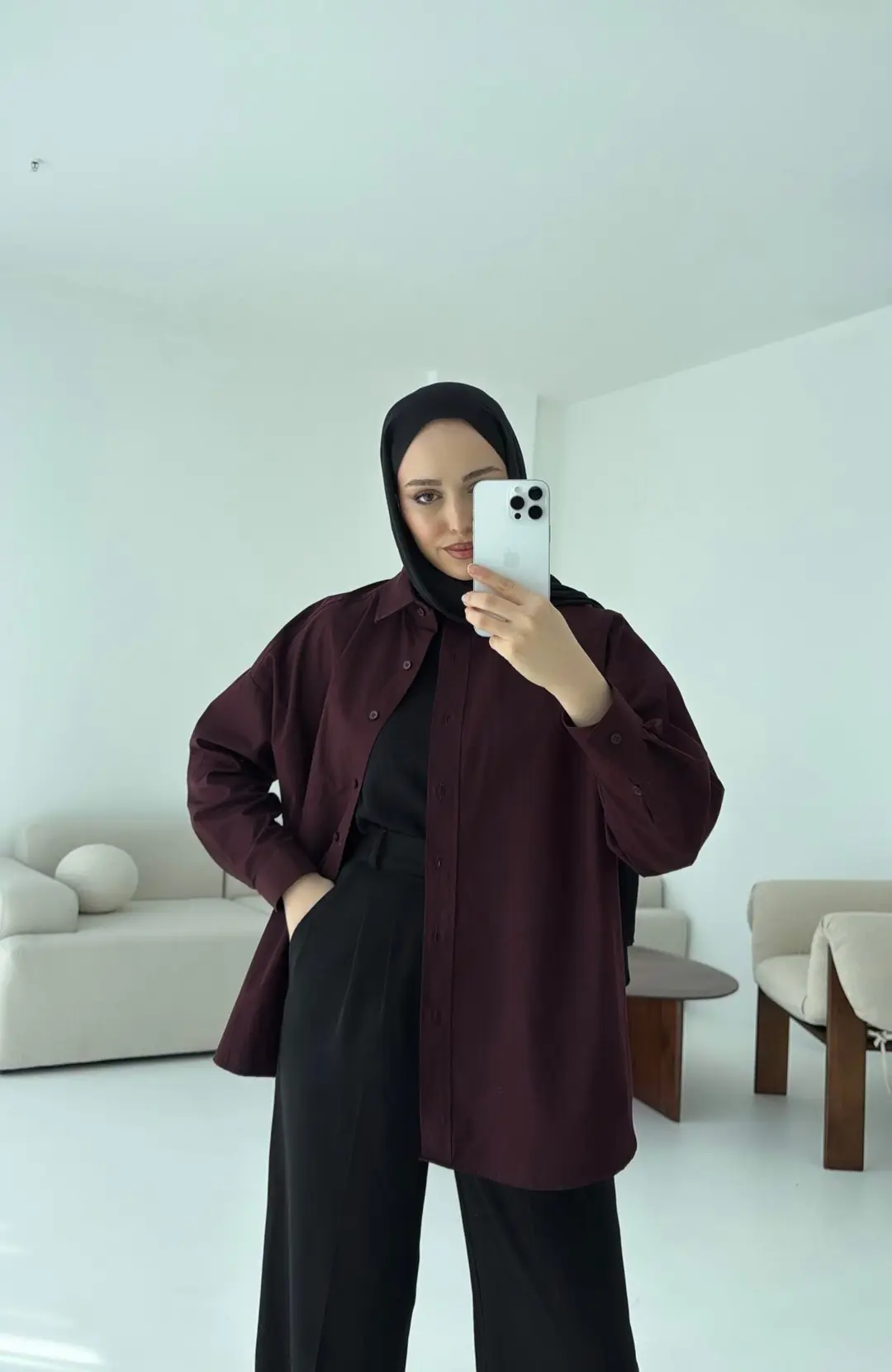 Poplin Oversize Gömlek Bordo