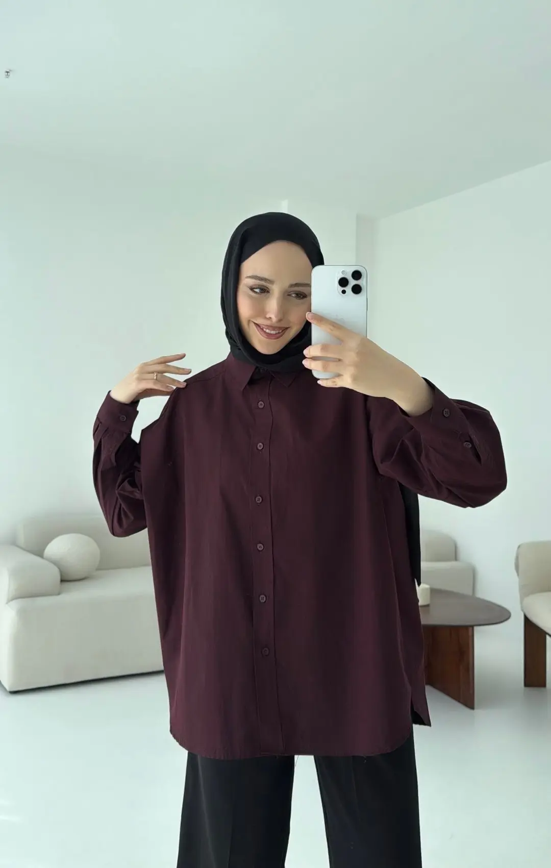 Poplin Oversize Gömlek Bordo