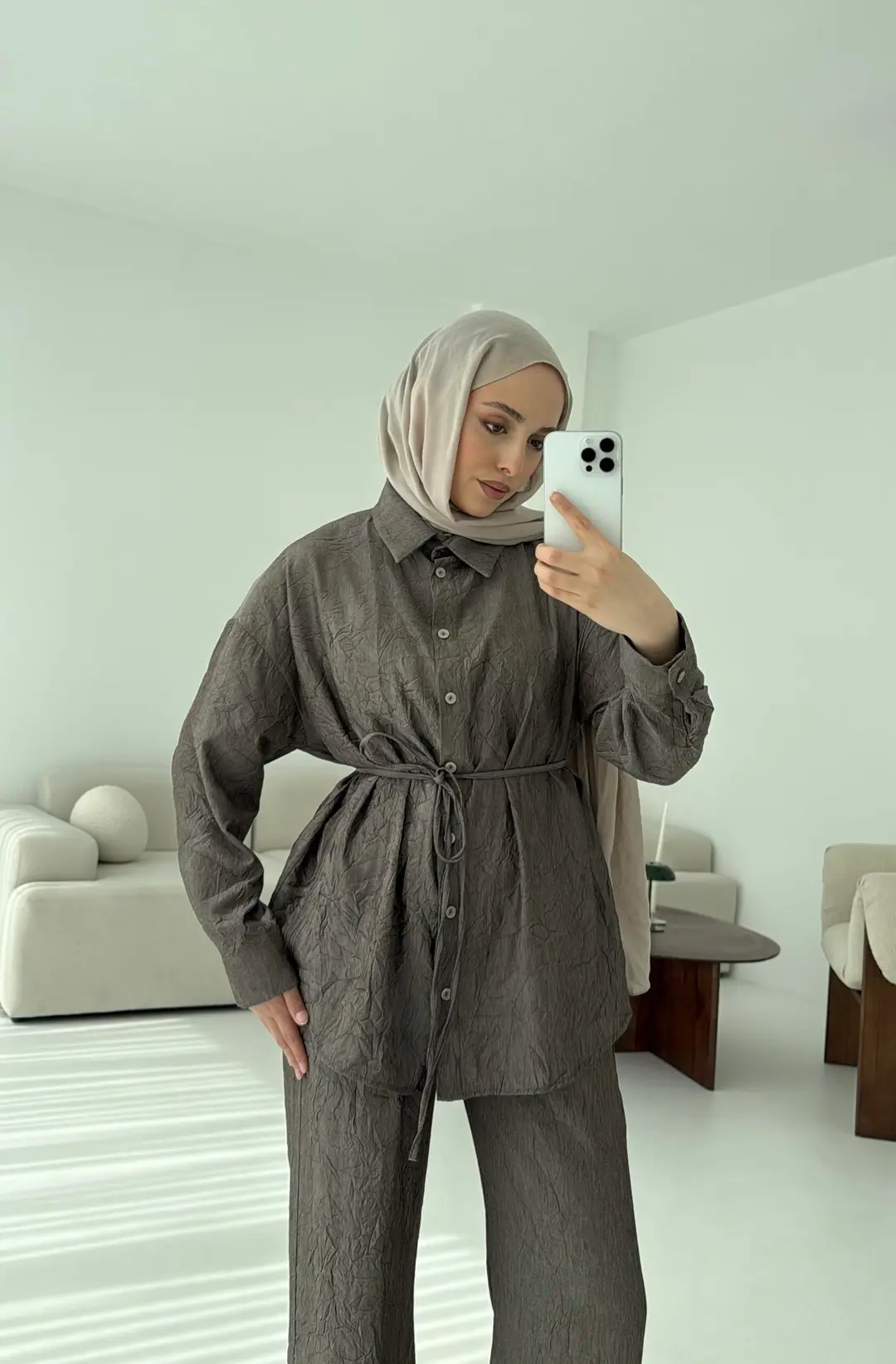 Kırışık Kumaş Takım Kahve