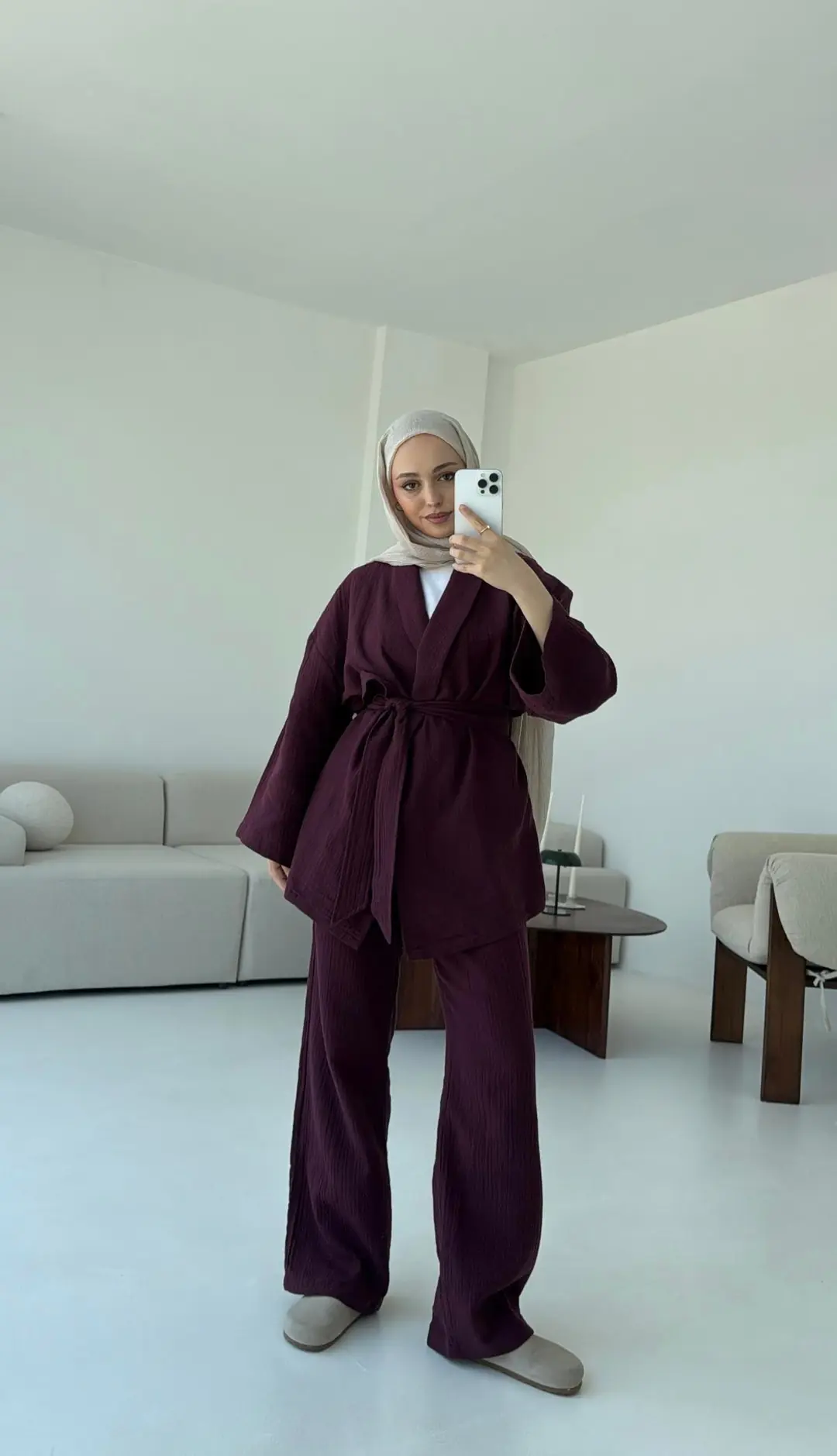 Müslin Kimonolu Takım Bordo
