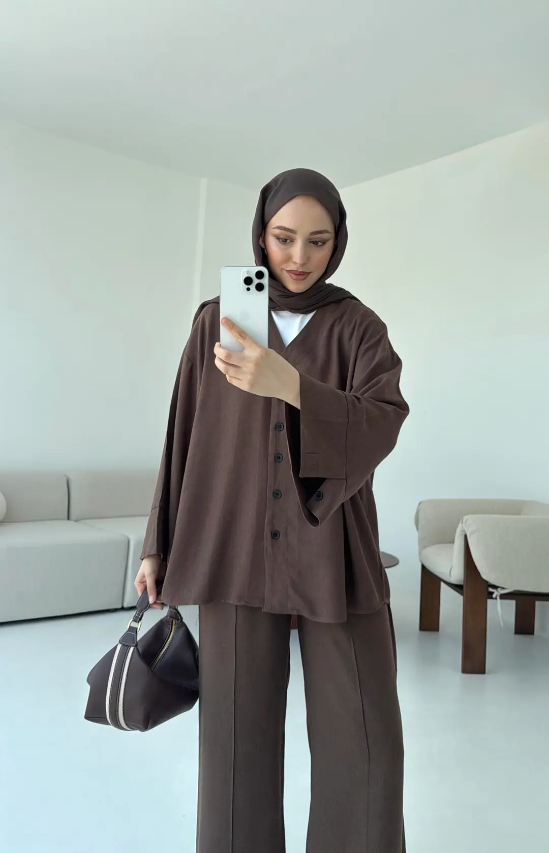 Düğmeli Kimono Takım Kahve