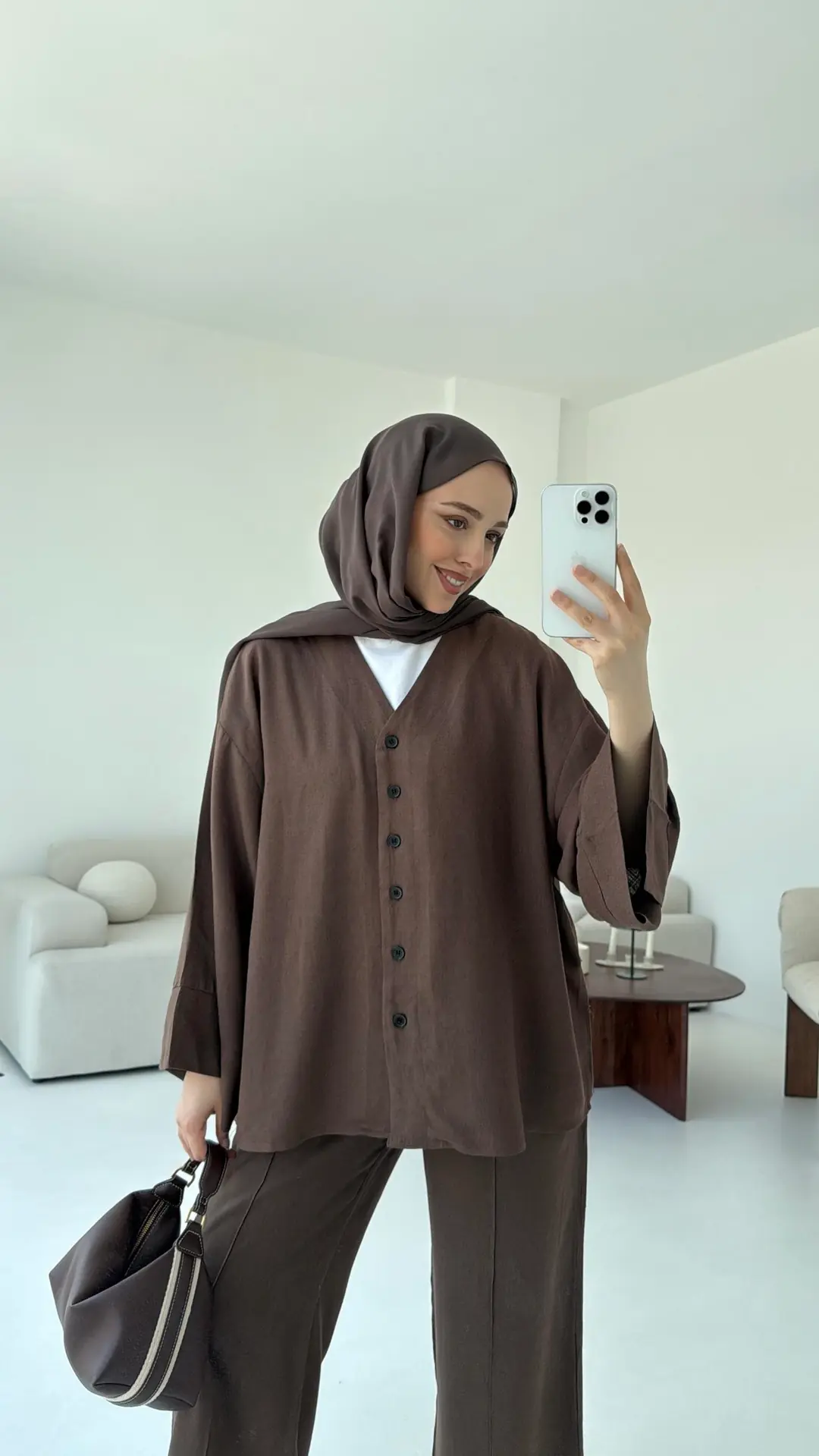 Düğmeli Kimono Takım Kahve