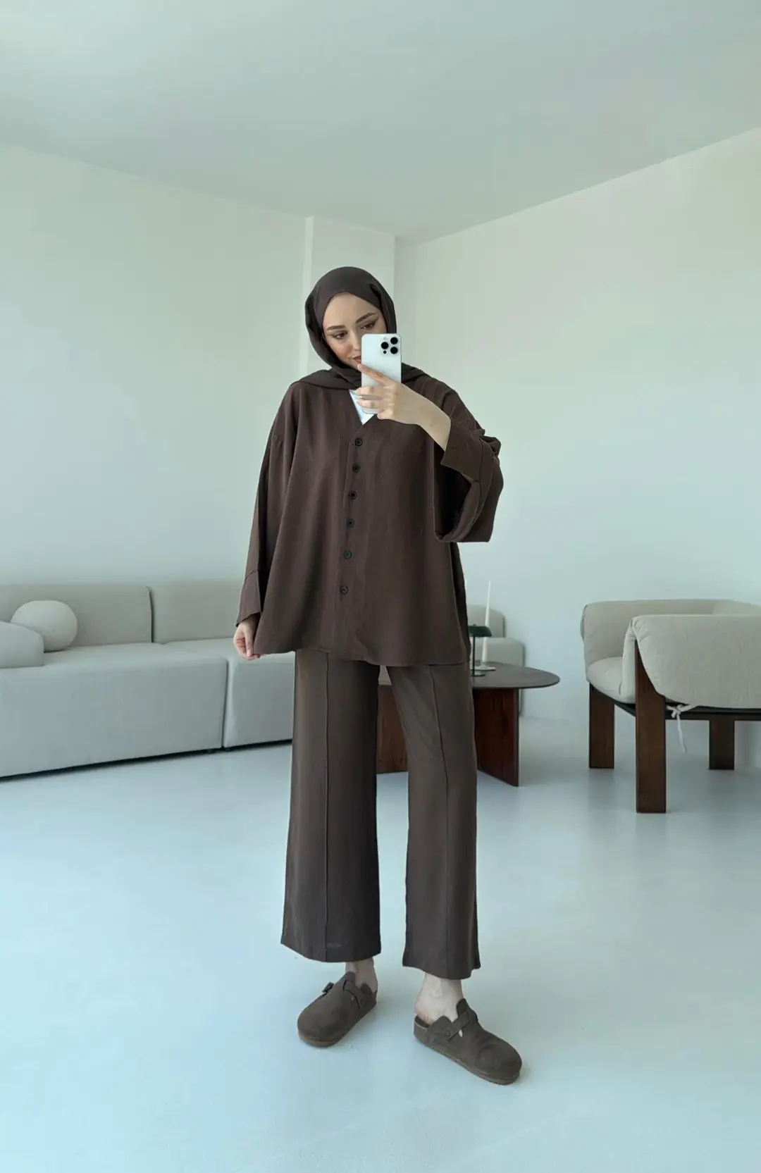 Düğmeli Kimono Takım Kahve