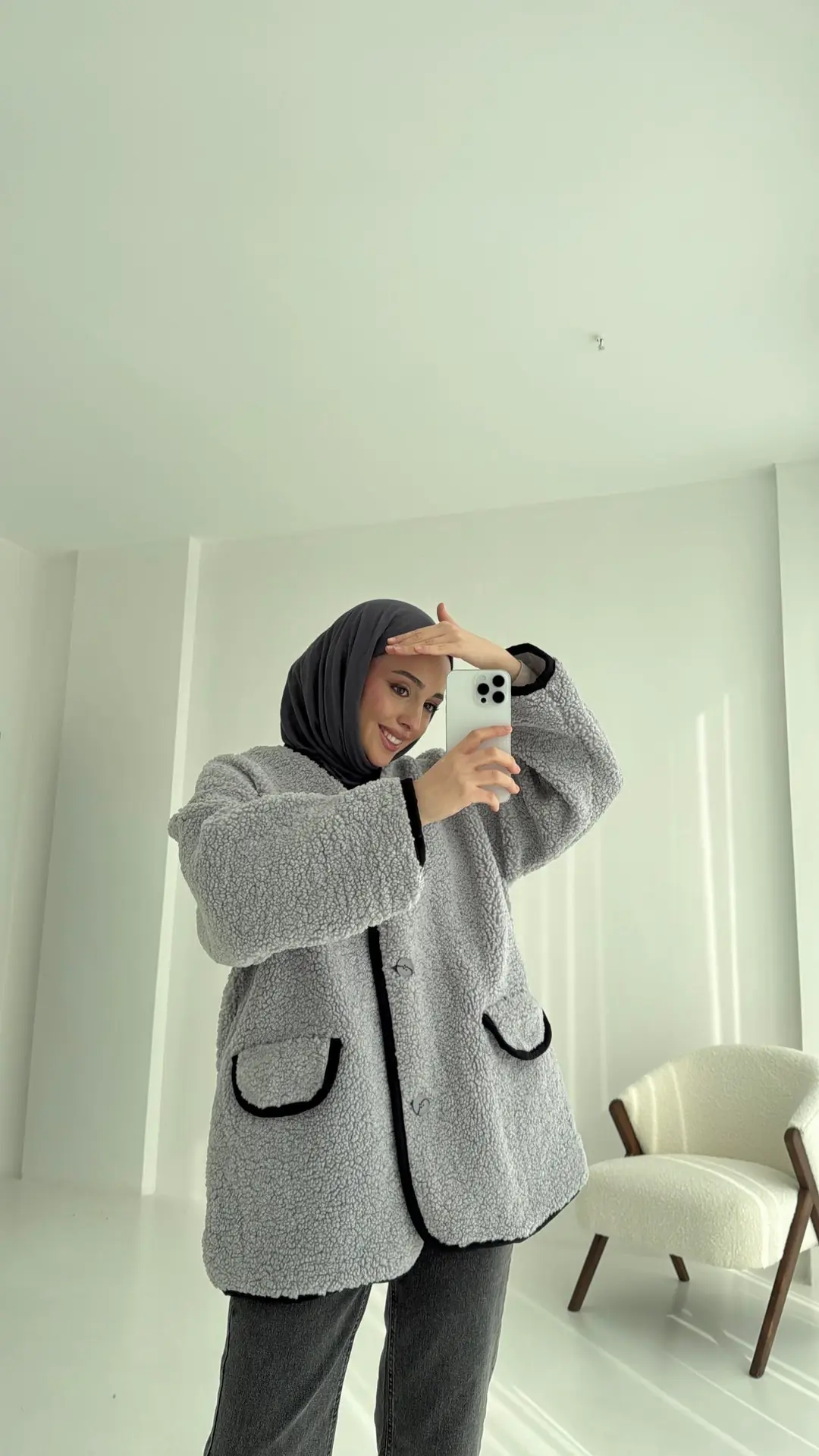 Düğmeli Oversize Teddy Ceket Gri