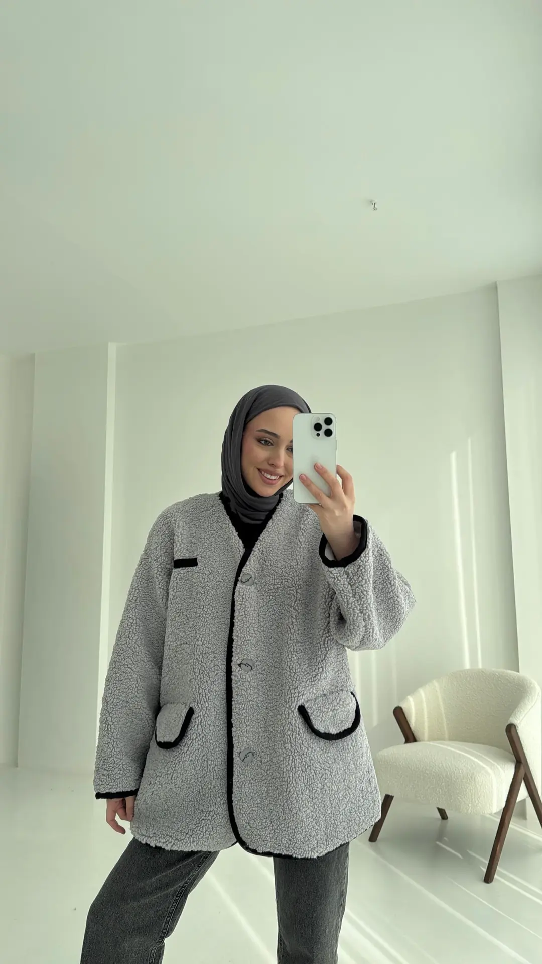 Düğmeli Oversize Teddy Ceket Gri