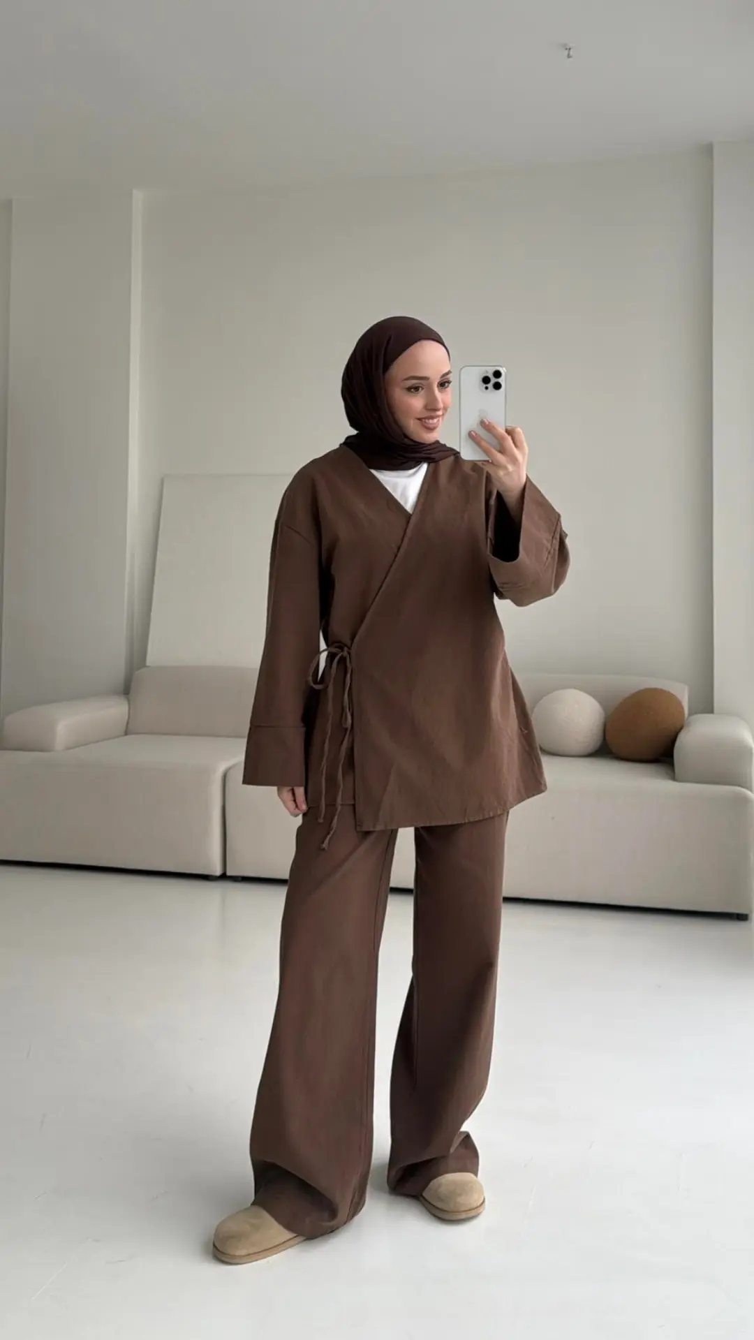 Kahve Gabardin Kimono Takım