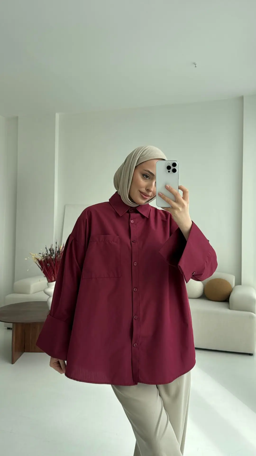 Kalın Manşetli Oversize Bordo Gömlek