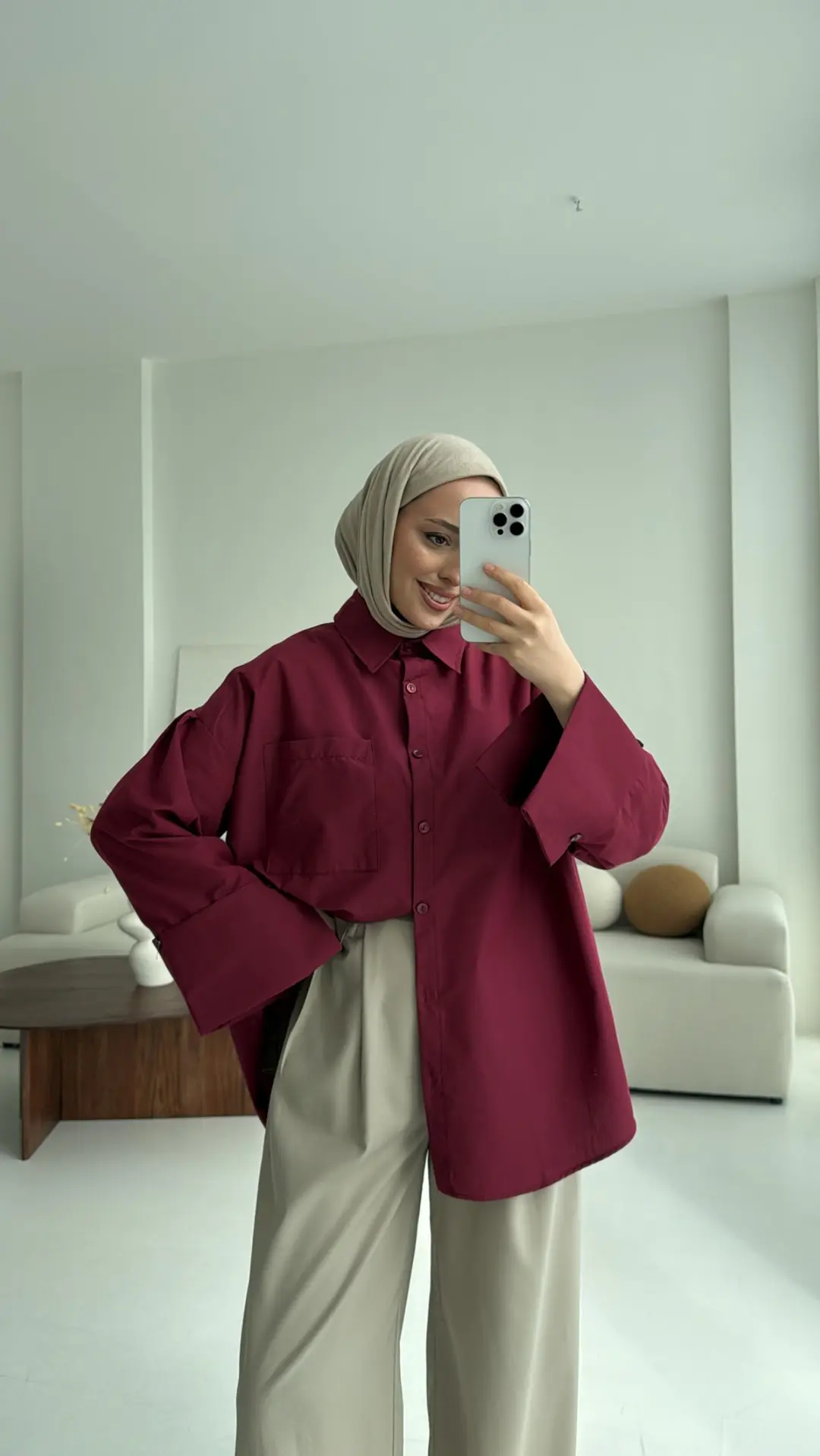 Kalın Manşetli Oversize Bordo Gömlek