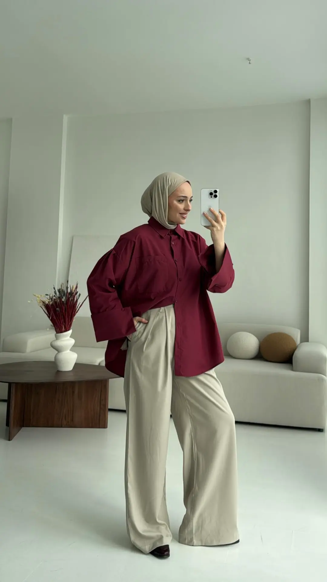 Kalın Manşetli Oversize Bordo Gömlek