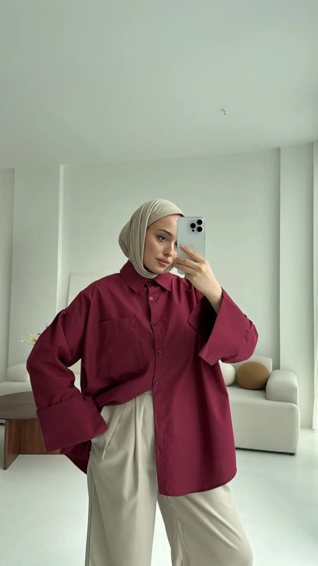 Kalın Manşetli Oversize Bordo Gömlek