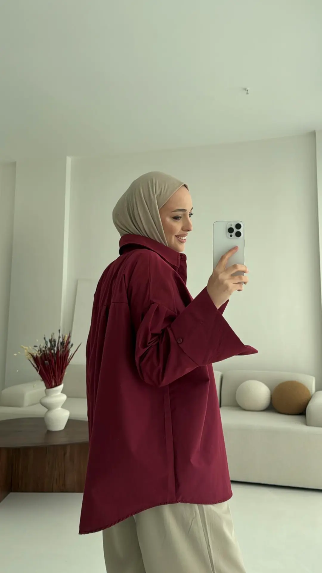 Kalın Manşetli Oversize Bordo Gömlek