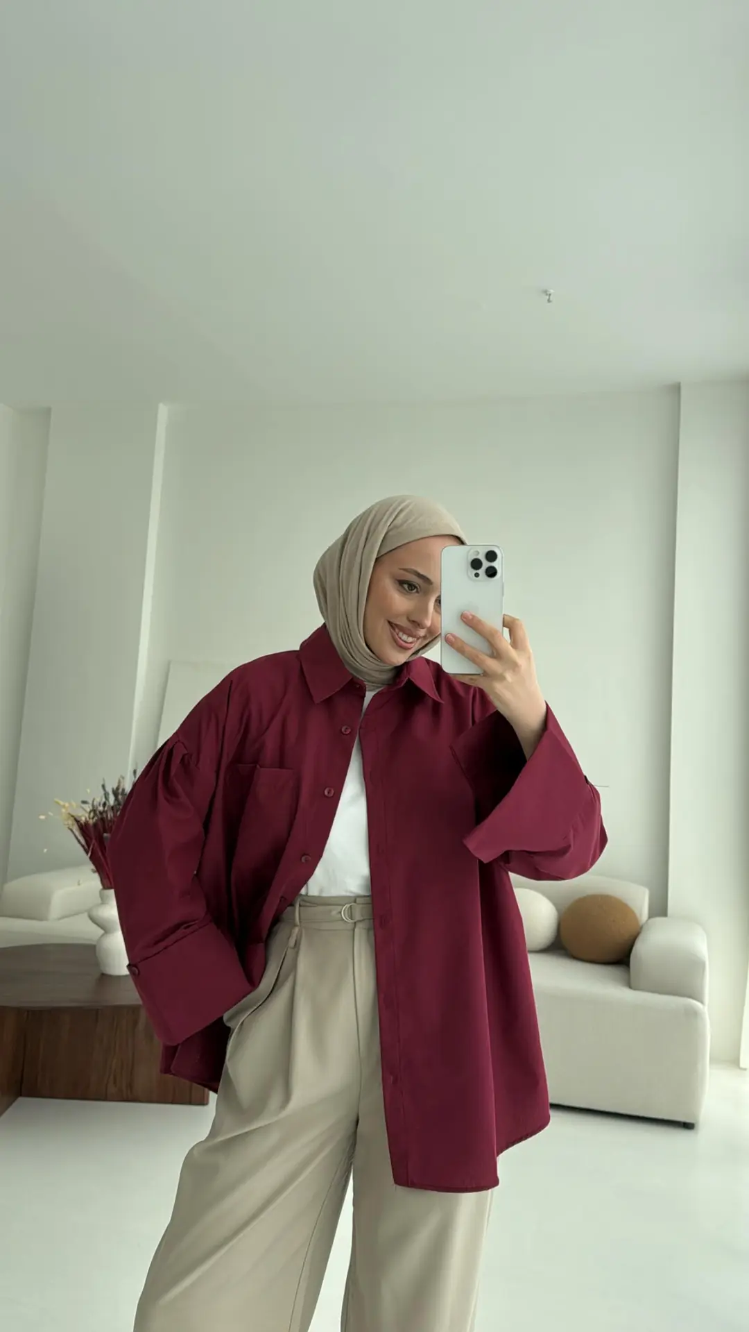 Kalın Manşetli Oversize Bordo Gömlek