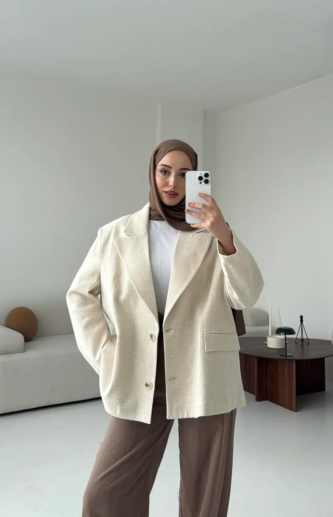 Natur Keten Oversize Blazer Ceket