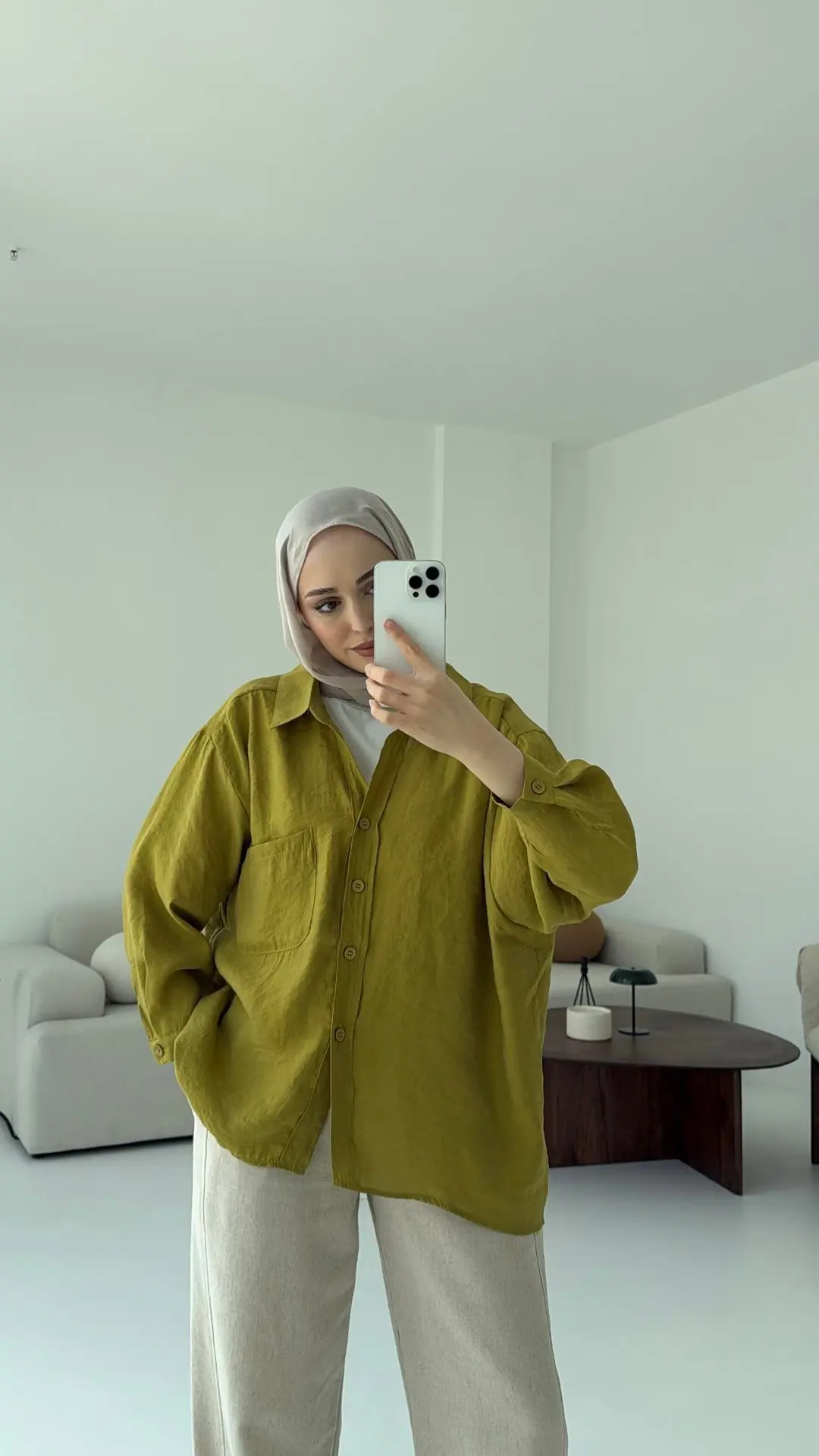 Düşük Omuz Oversize Gömlek Yağ Yeşili
