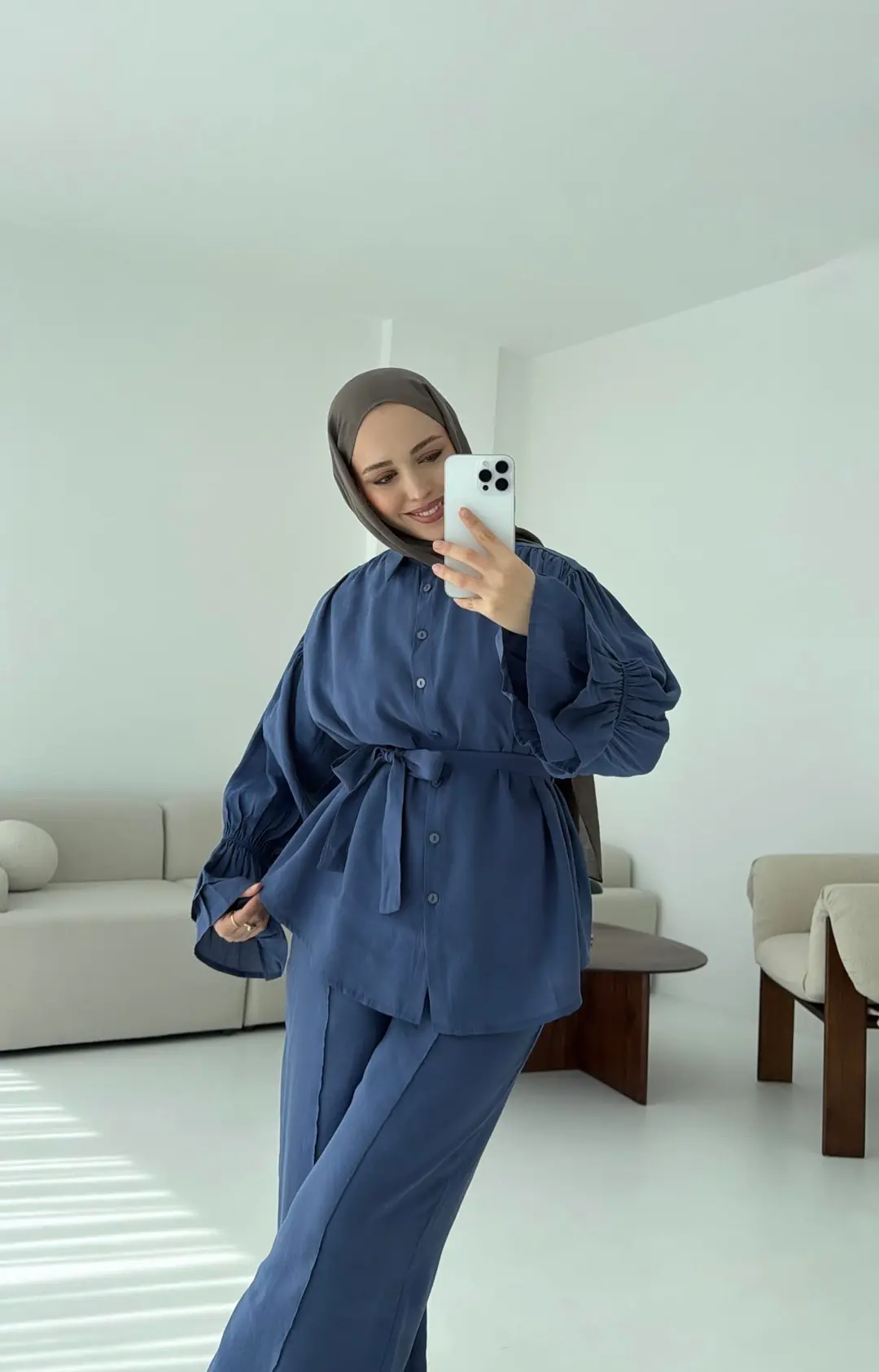 Büzgülü Oversize Gömlek Takım İndigo