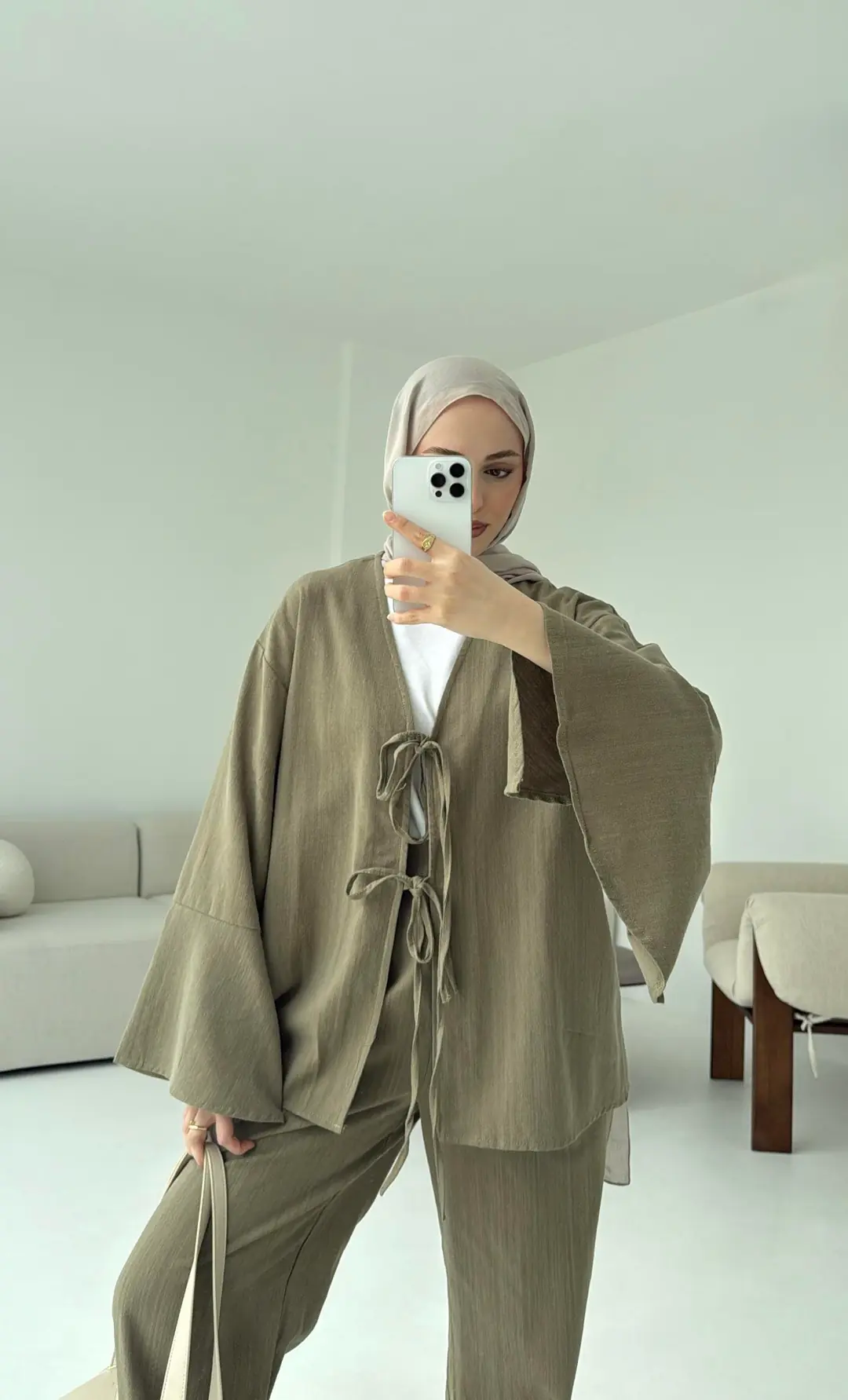 Kol Detaylı Kimono Keten Takım Haki