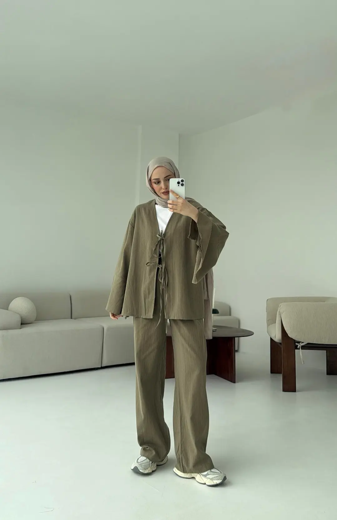 Kol Detaylı Kimono Keten Takım Haki