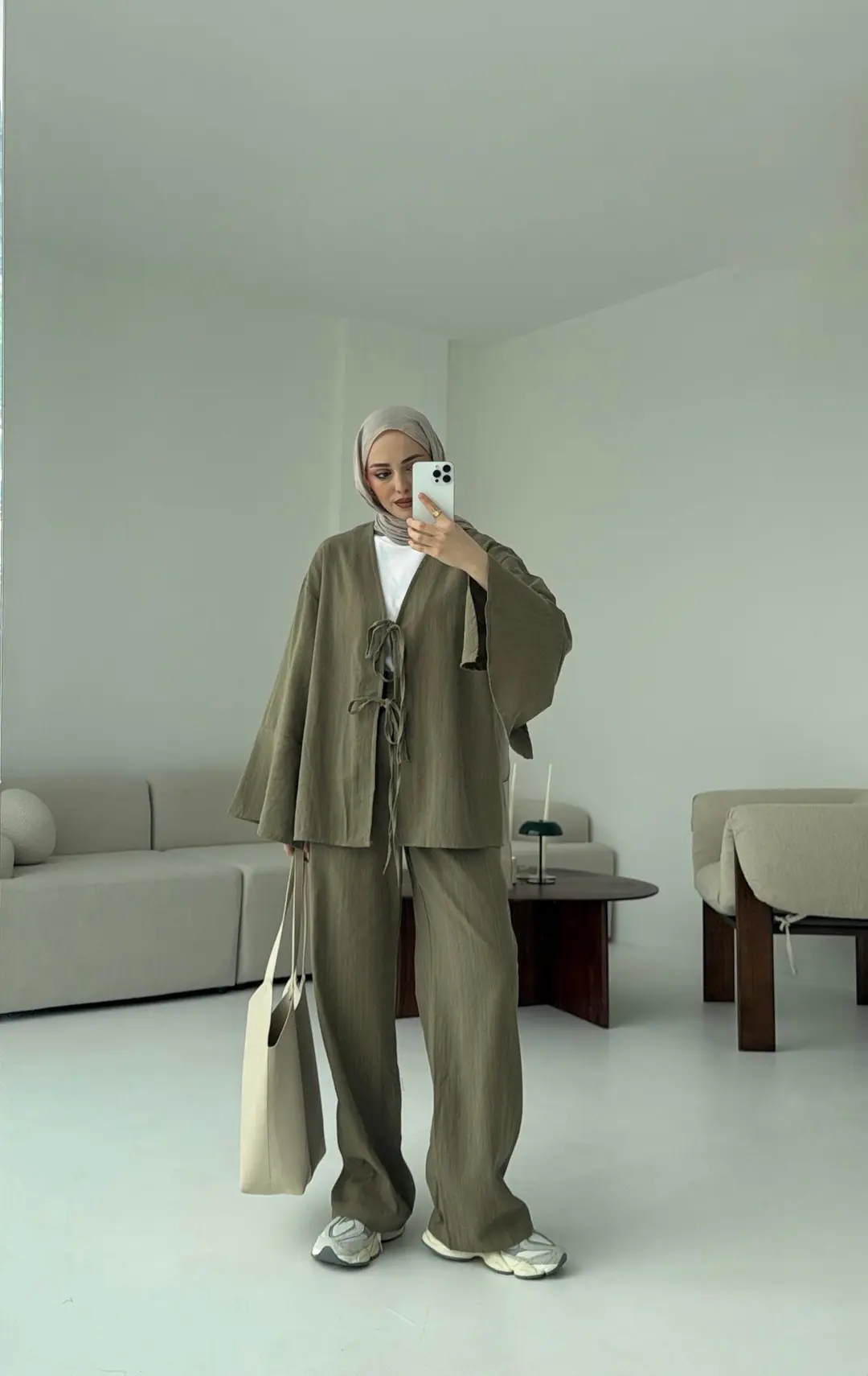 Kol Detaylı Kimono Keten Takım Haki