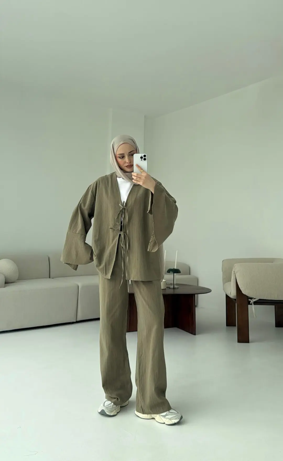 Kol Detaylı Kimono Keten Takım Haki