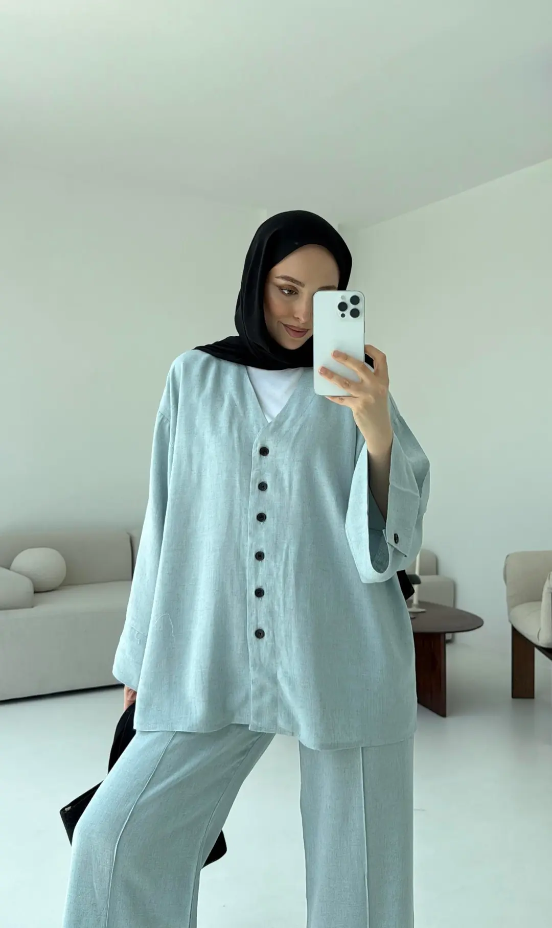 Düğmeli Kimono Takım Mavi