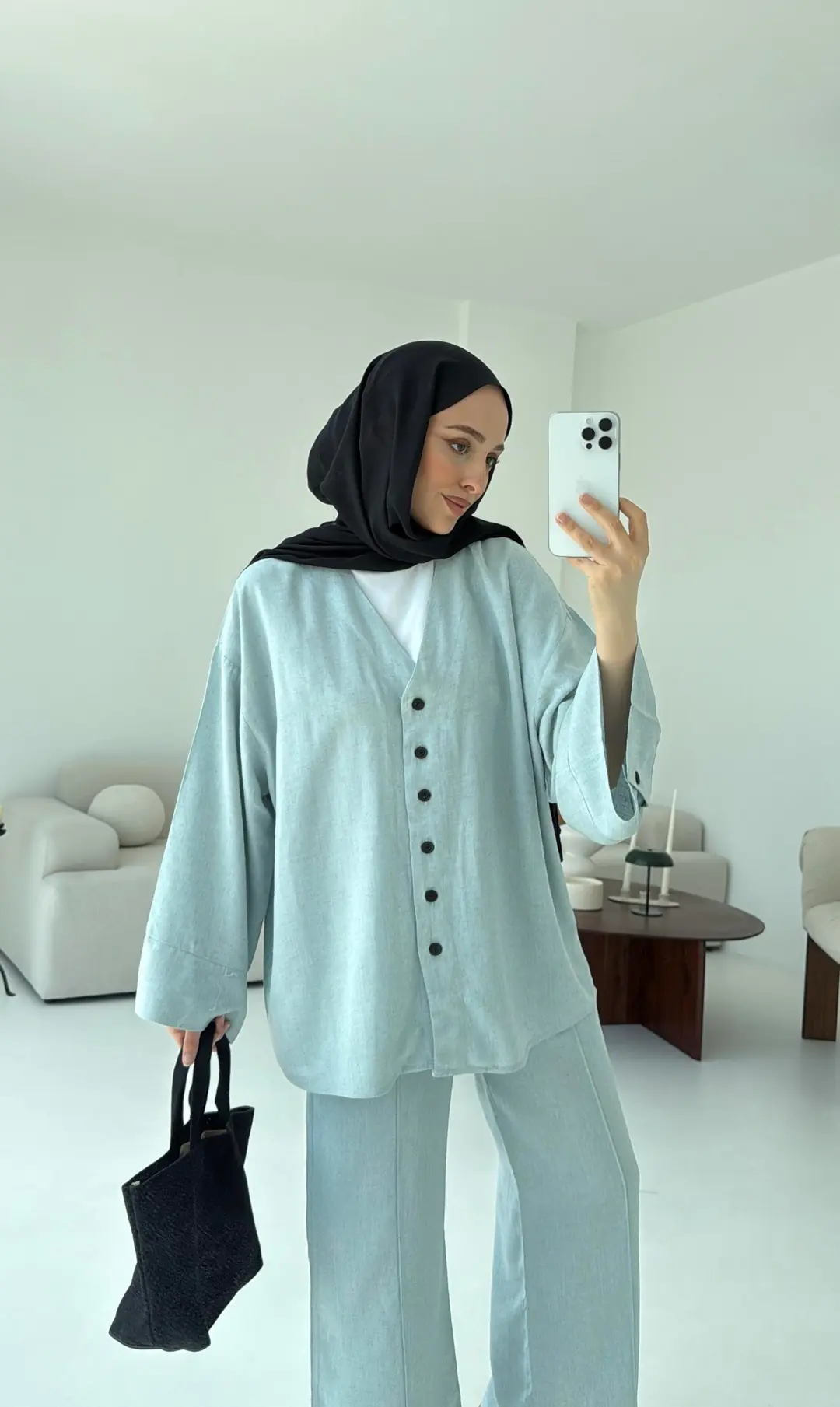 Düğmeli Kimono Takım Mavi
