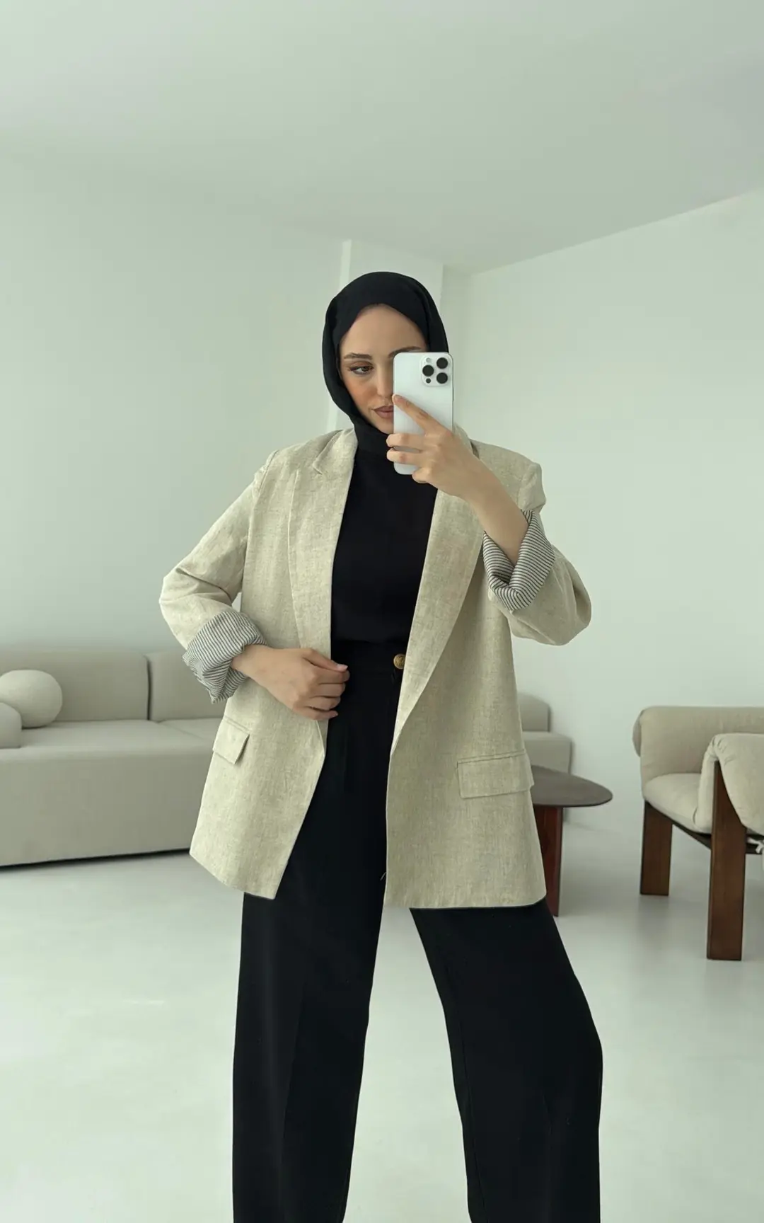 Keten Astarı Çizgili Blazer Ceket Natural