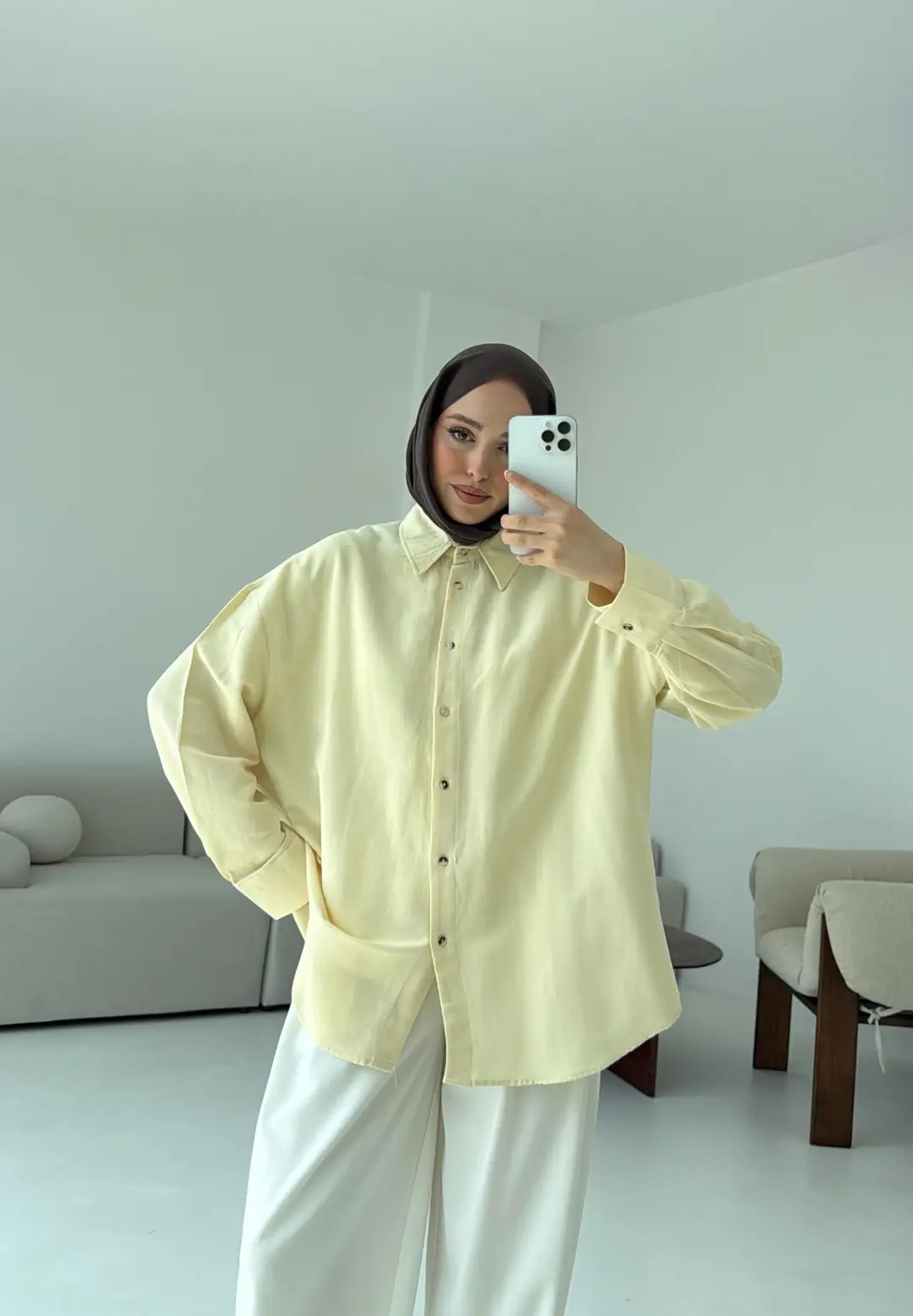 Basic Oversize Keten Gömlek Sarı
