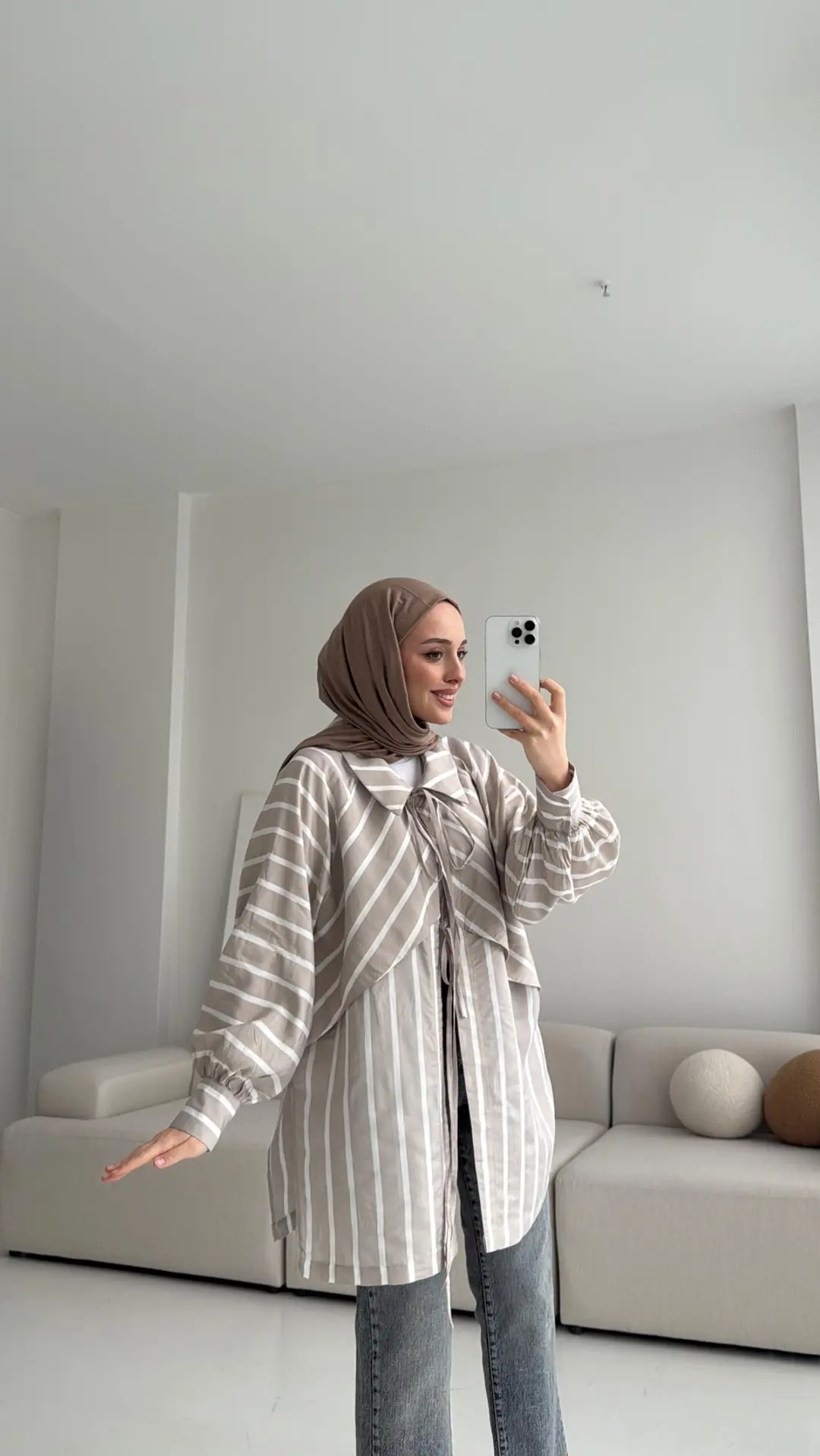 Çizgili Bağlamalı Kimono Bej