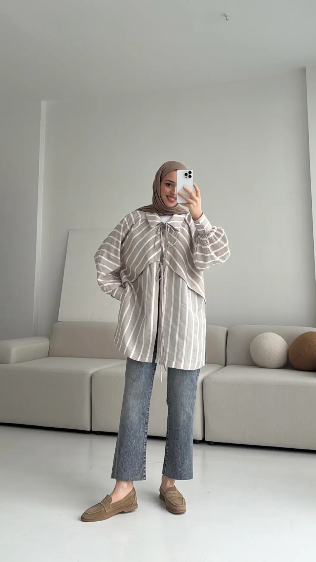 Çizgili Bağlamalı Kimono Bej