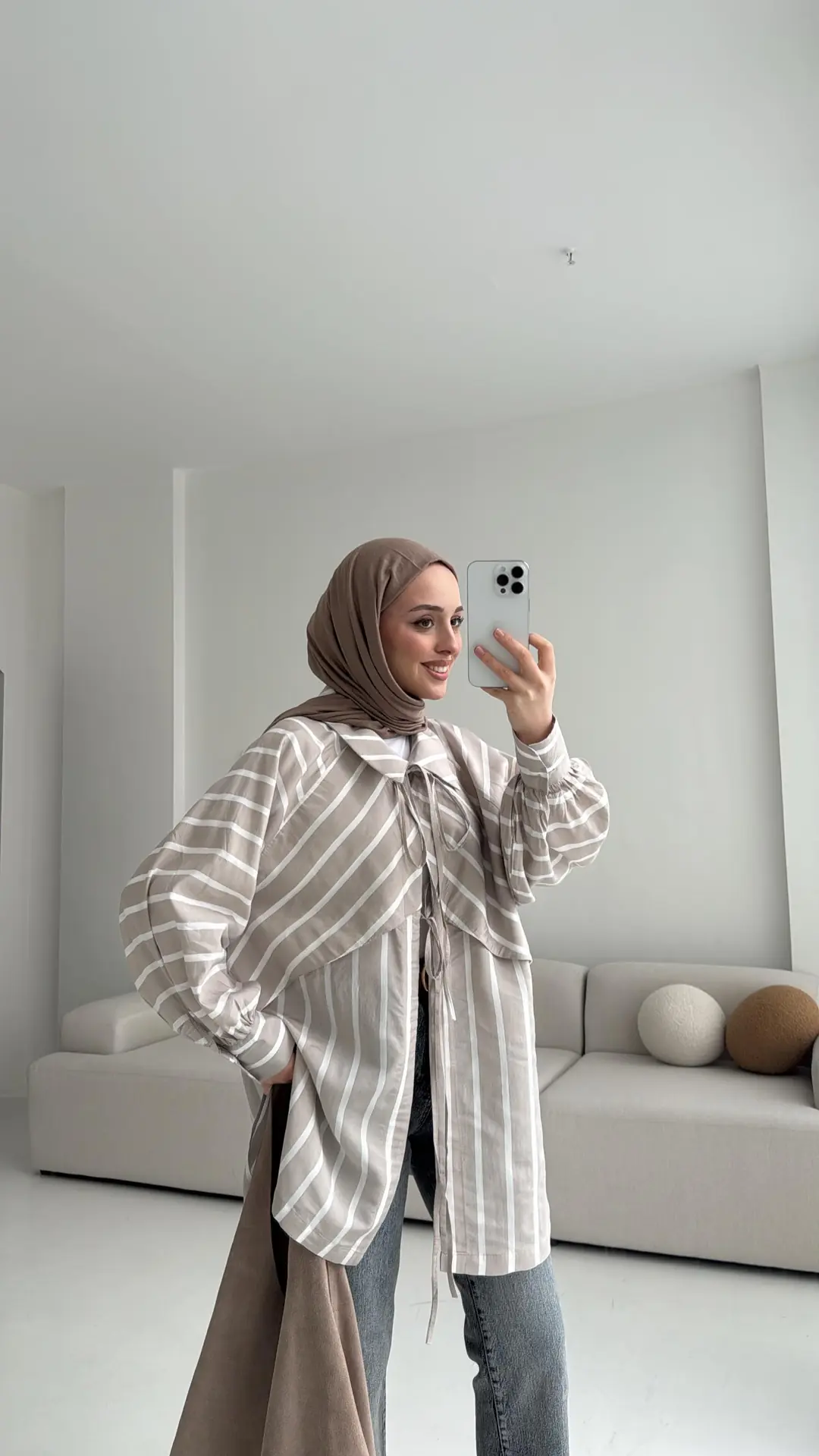 Çizgili Bağlamalı Kimono Bej