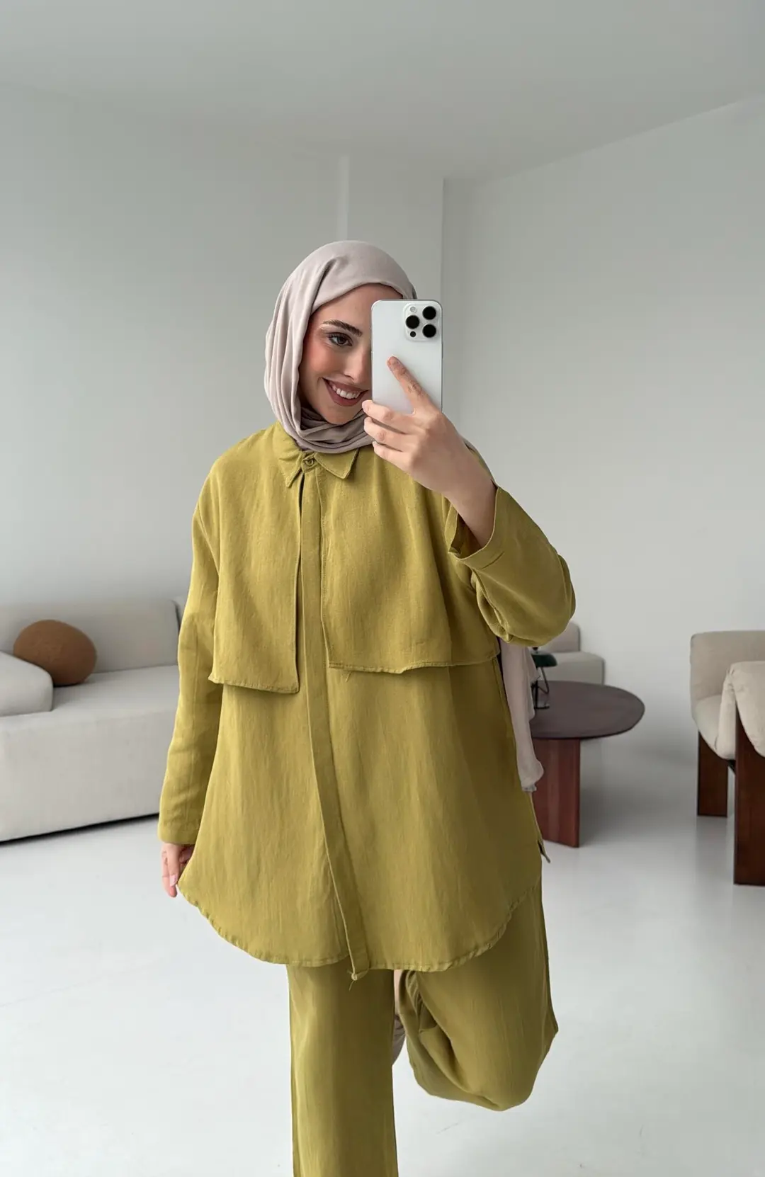 Keten Pelerinli Takım Olive