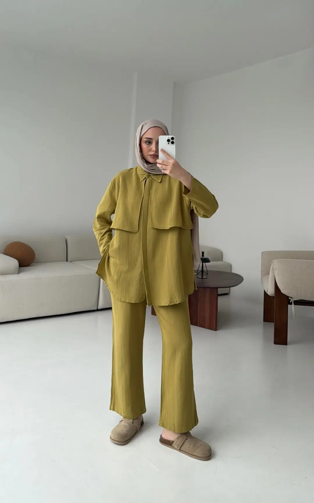 Keten Pelerinli Takım Olive