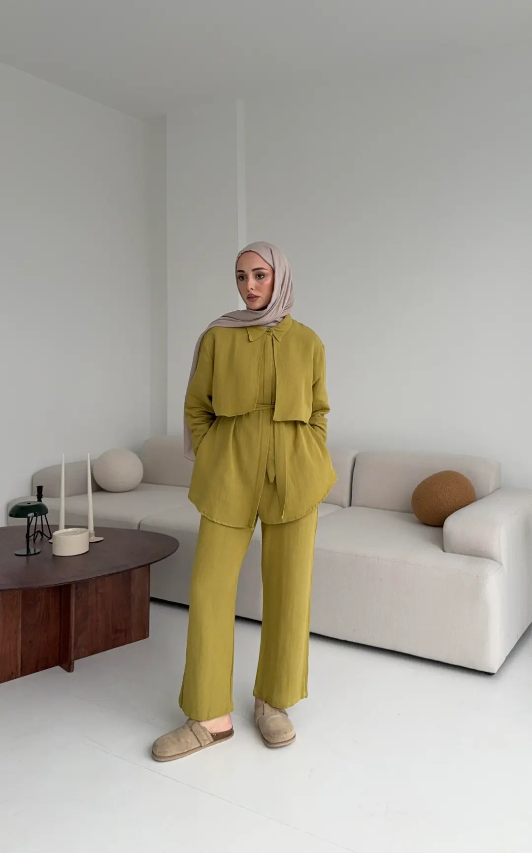 Keten Pelerinli Takım Olive