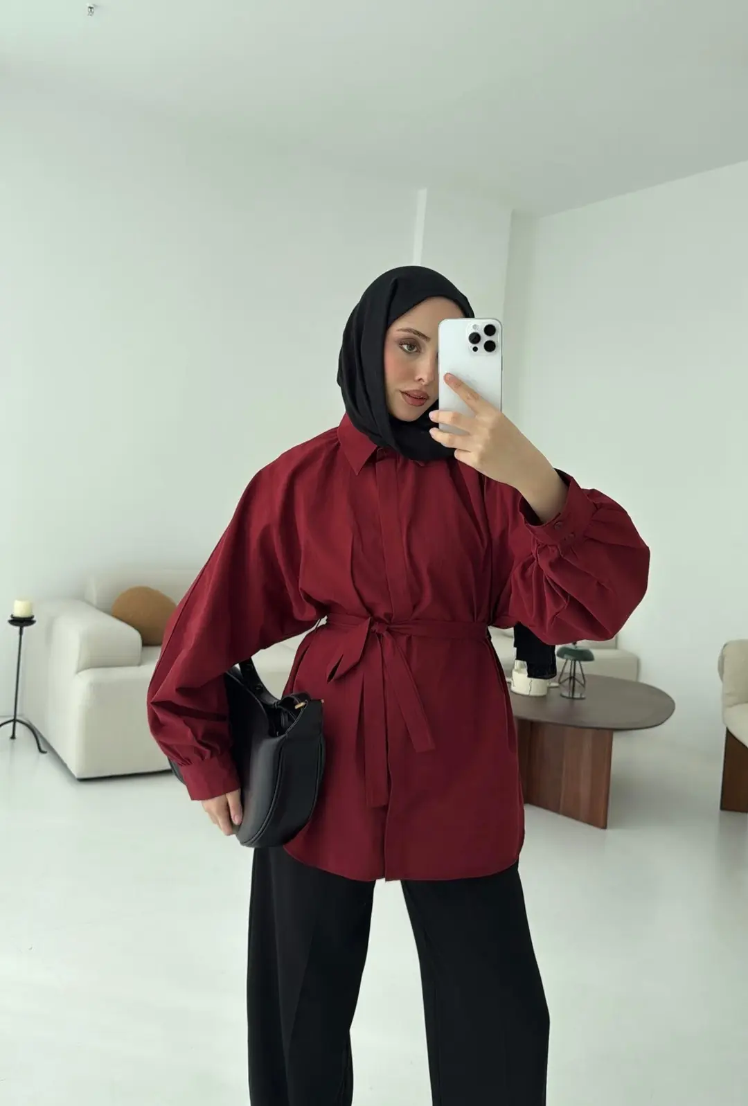 Bordo Balon Kol Bağlamalı Gömlek