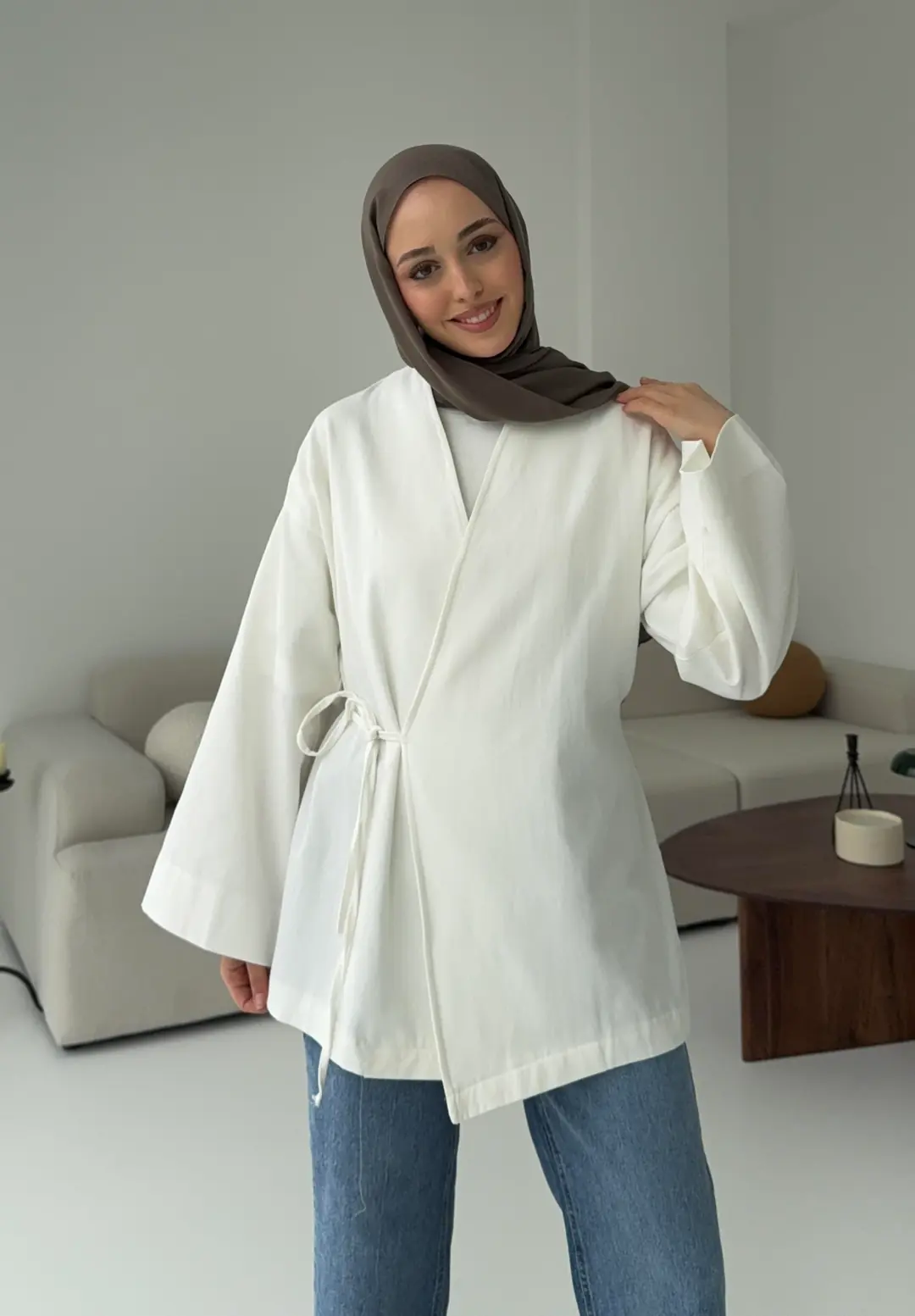 Yandan Bağlama Kimono Beyaz