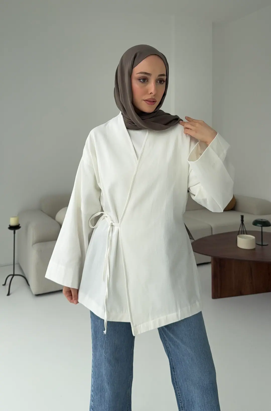 Yandan Bağlama Kimono Beyaz