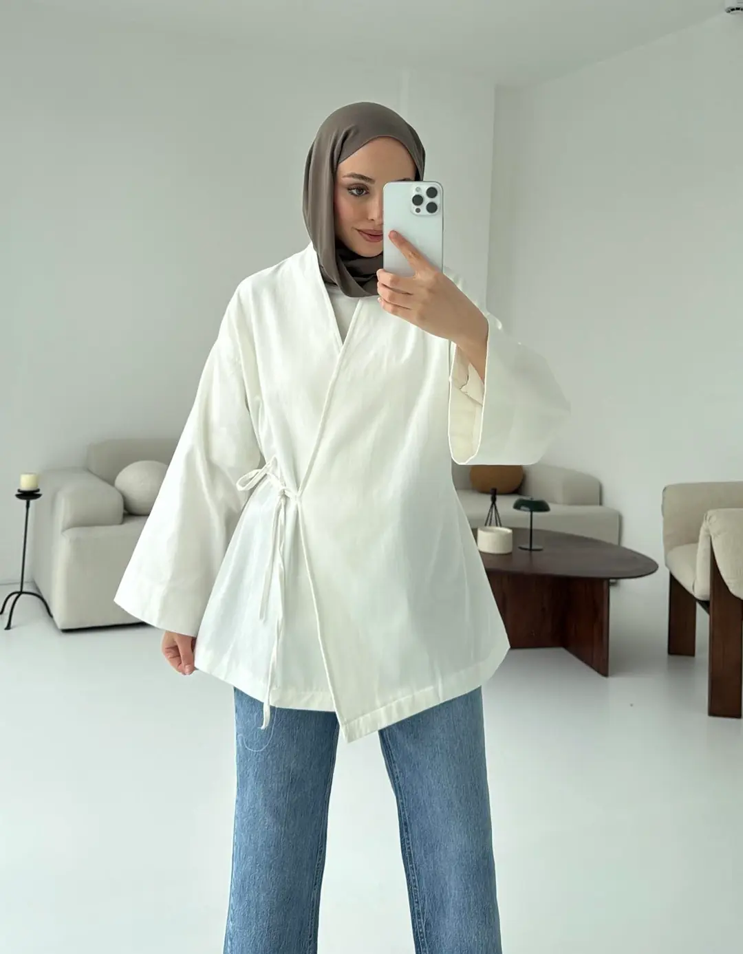 Yandan Bağlama Kimono Beyaz