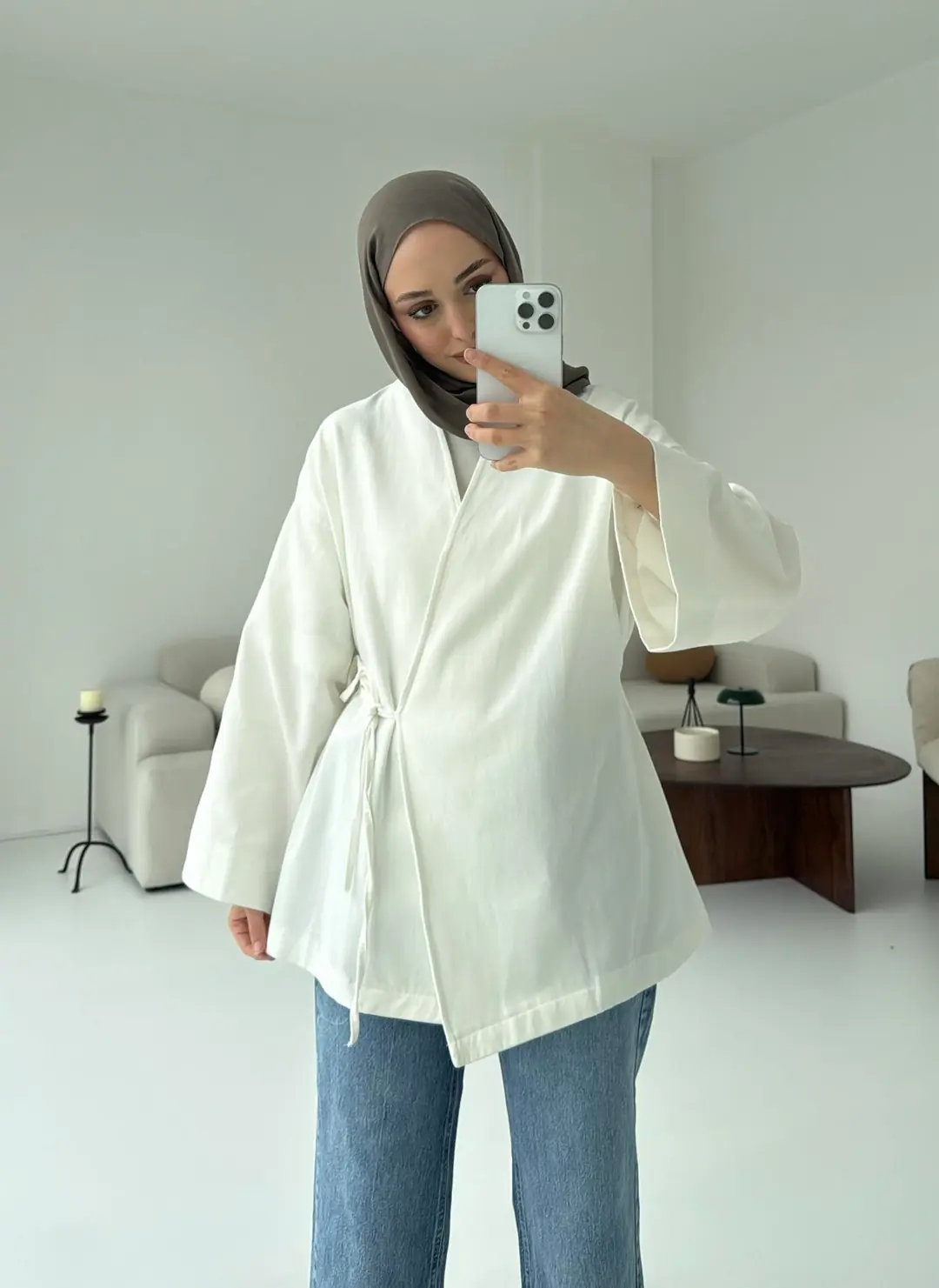 Yandan Bağlama Kimono Beyaz