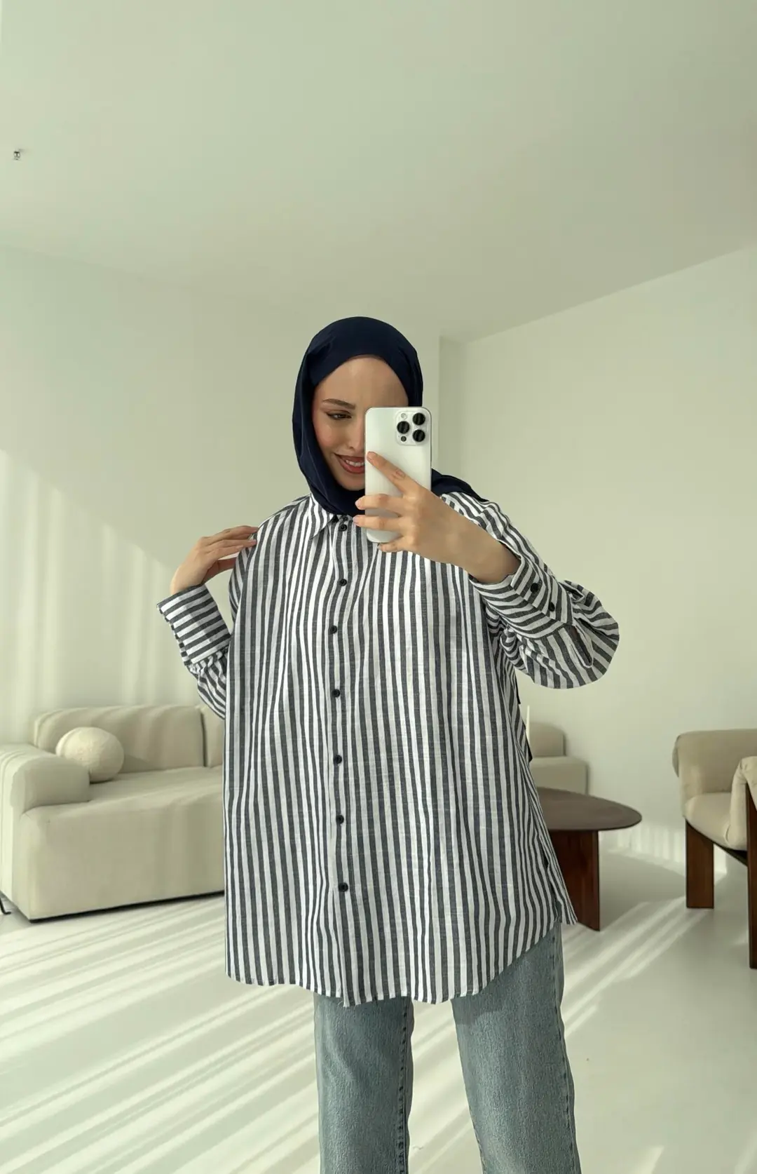 Lacivert/beyaz Çizgili Gömlek