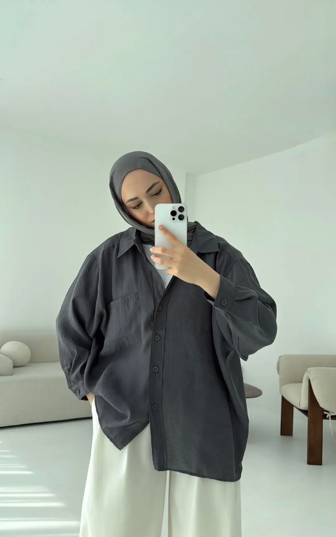 Düşük Omuz Oversize Gömlek Antrasit