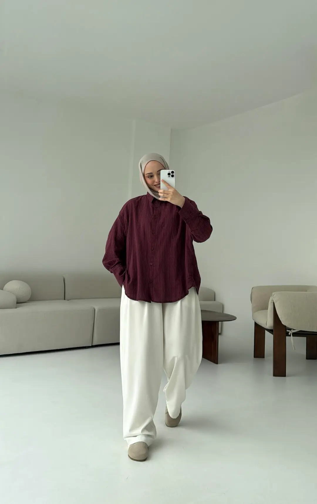 Kare Dokulu Bordo Oversize Gömlek