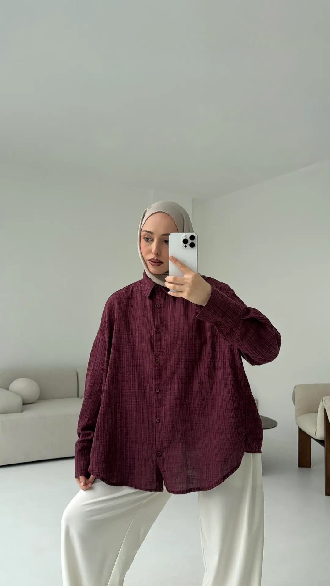 Kare Dokulu Bordo Oversize Gömlek
