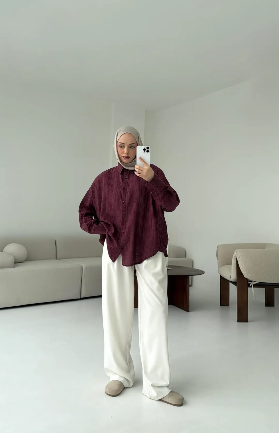 Kare Dokulu Bordo Oversize Gömlek