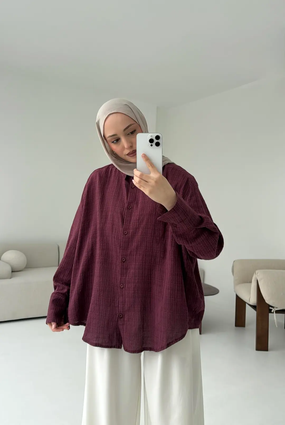 Kare Dokulu Bordo Oversize Gömlek