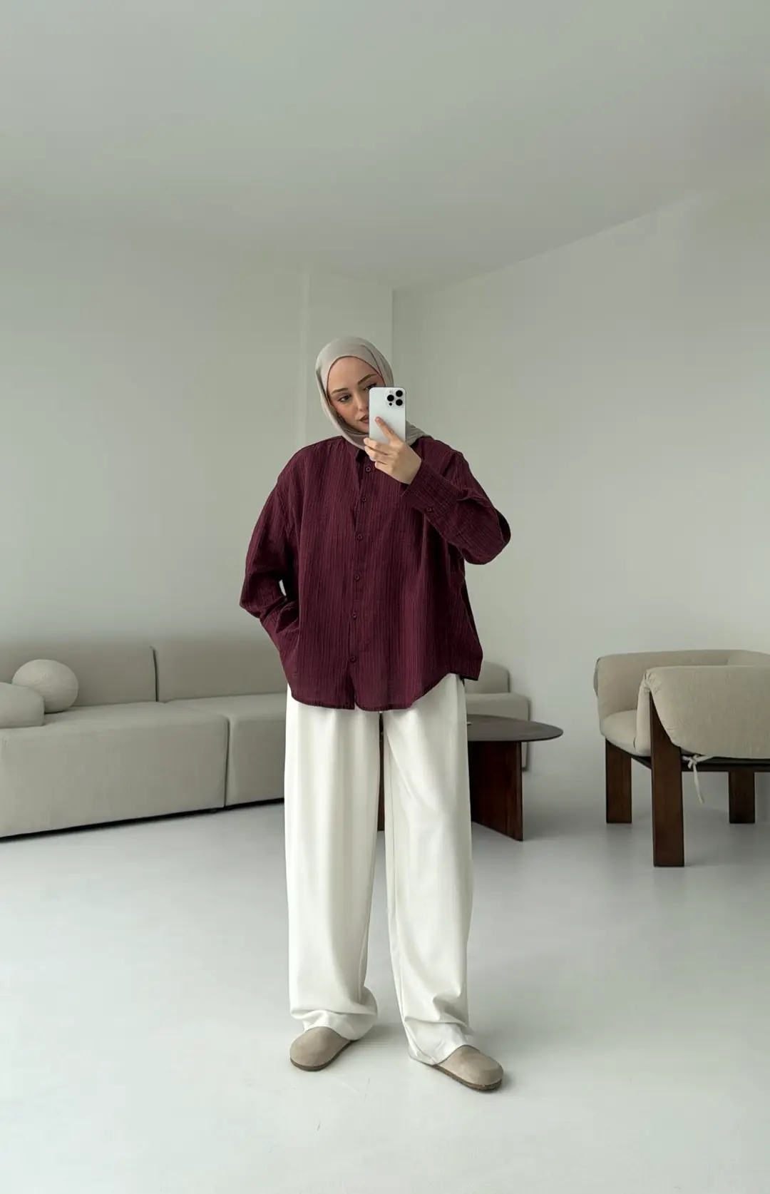 Kare Dokulu Bordo Oversize Gömlek